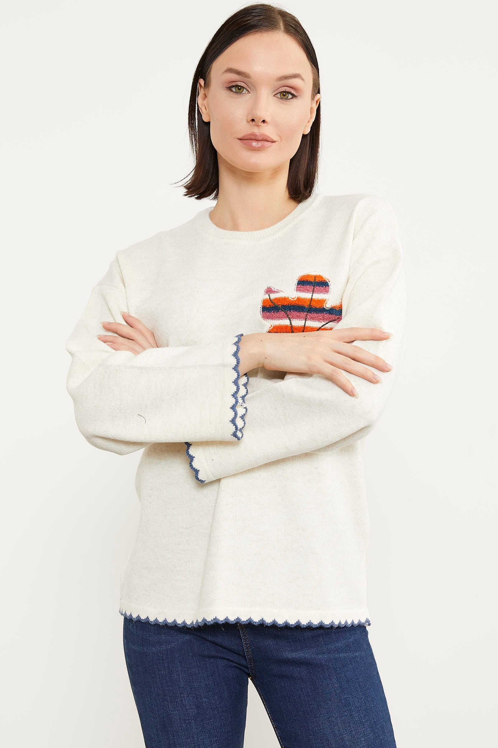 Yaprak Motifli Bohem Triko Kazak - Kemik (2) Sementa