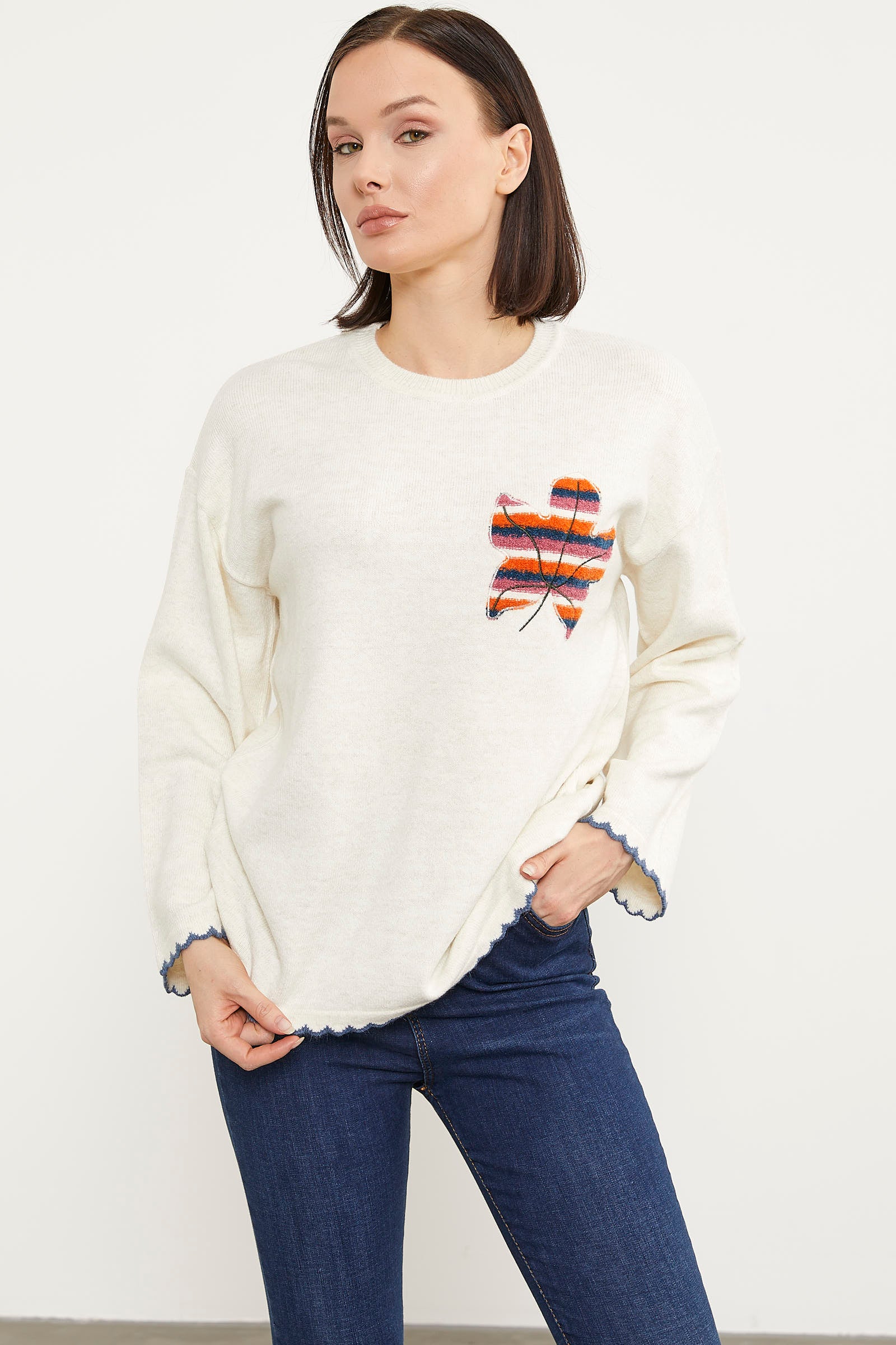 Yaprak Motifli Bohem Triko Kazak - Kemik (3) Sementa