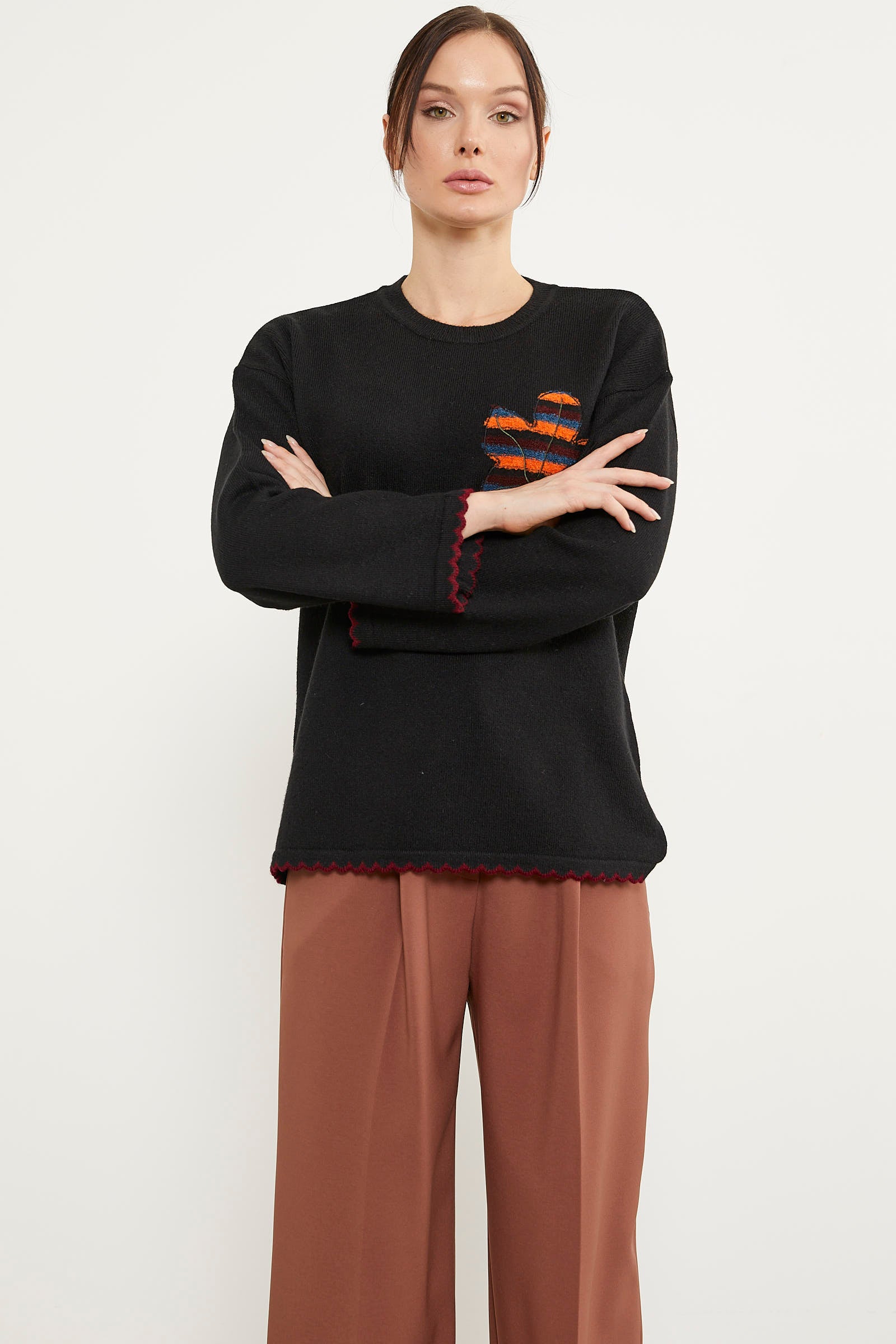 Yaprak Motifli Bohem Triko Kazak - Siyah (2) Sementa