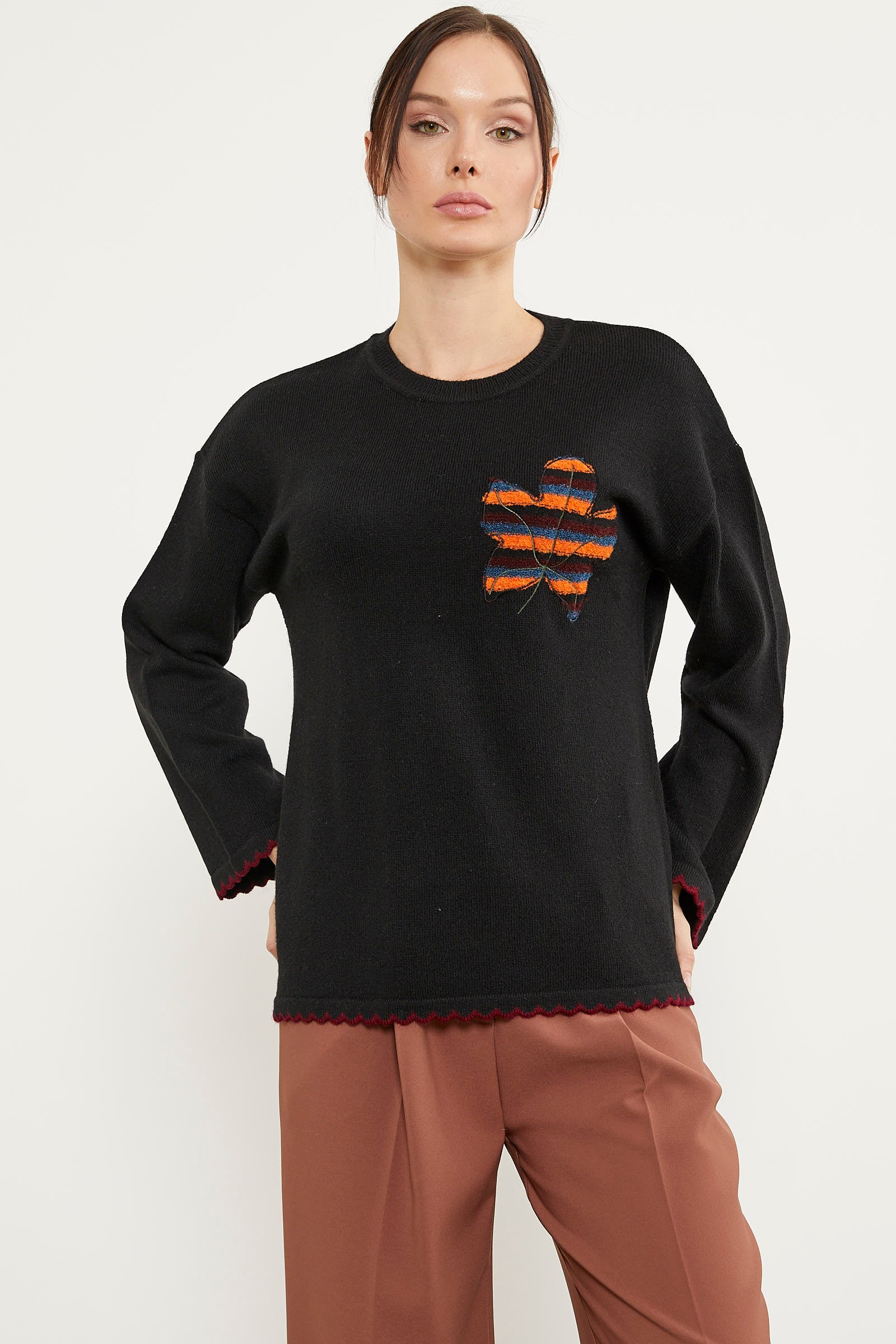 Yaprak Motifli Bohem Triko Kazak - Siyah (1) Sementa