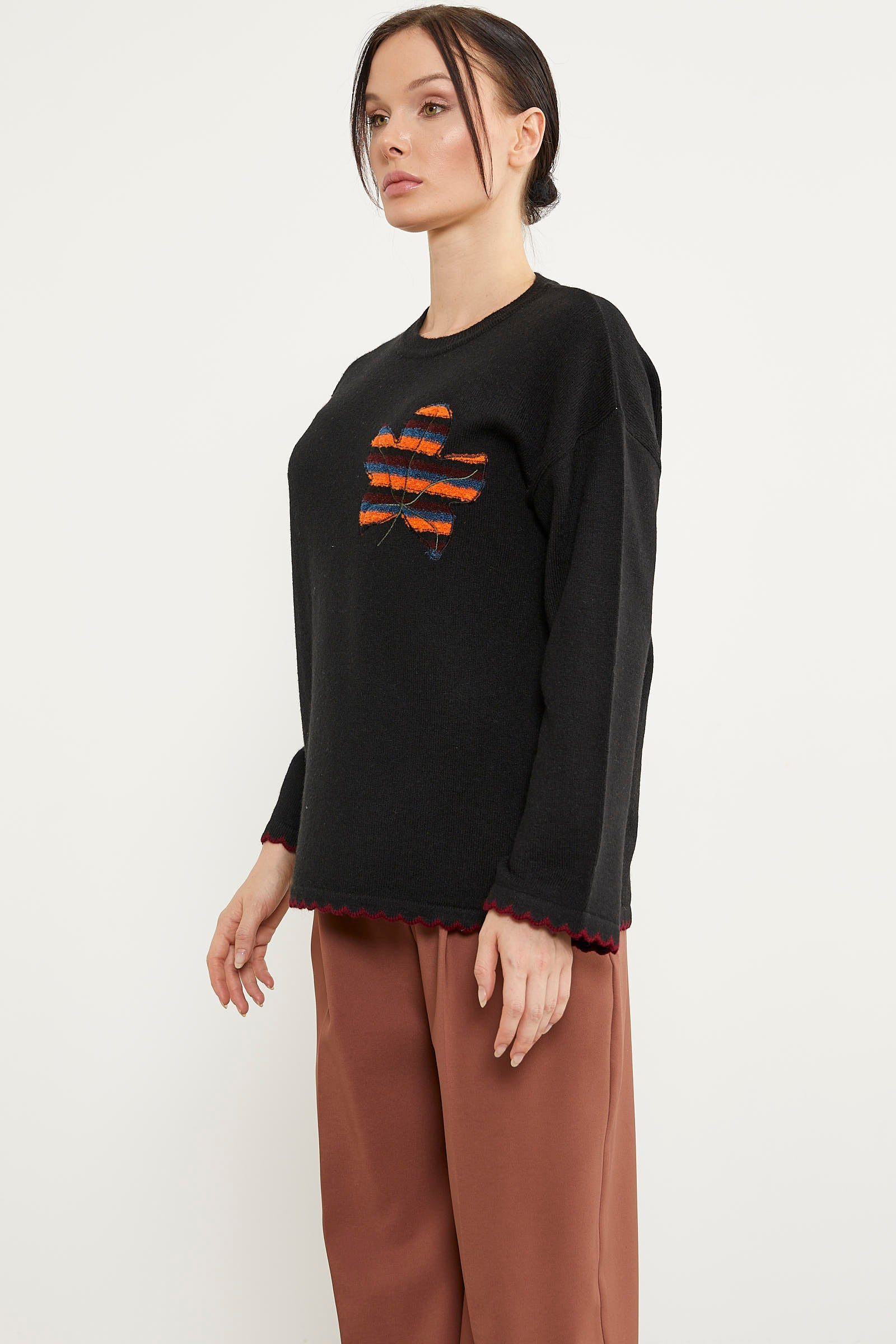 Yaprak Motifli Bohem Triko Kazak - Siyah (3) Sementa