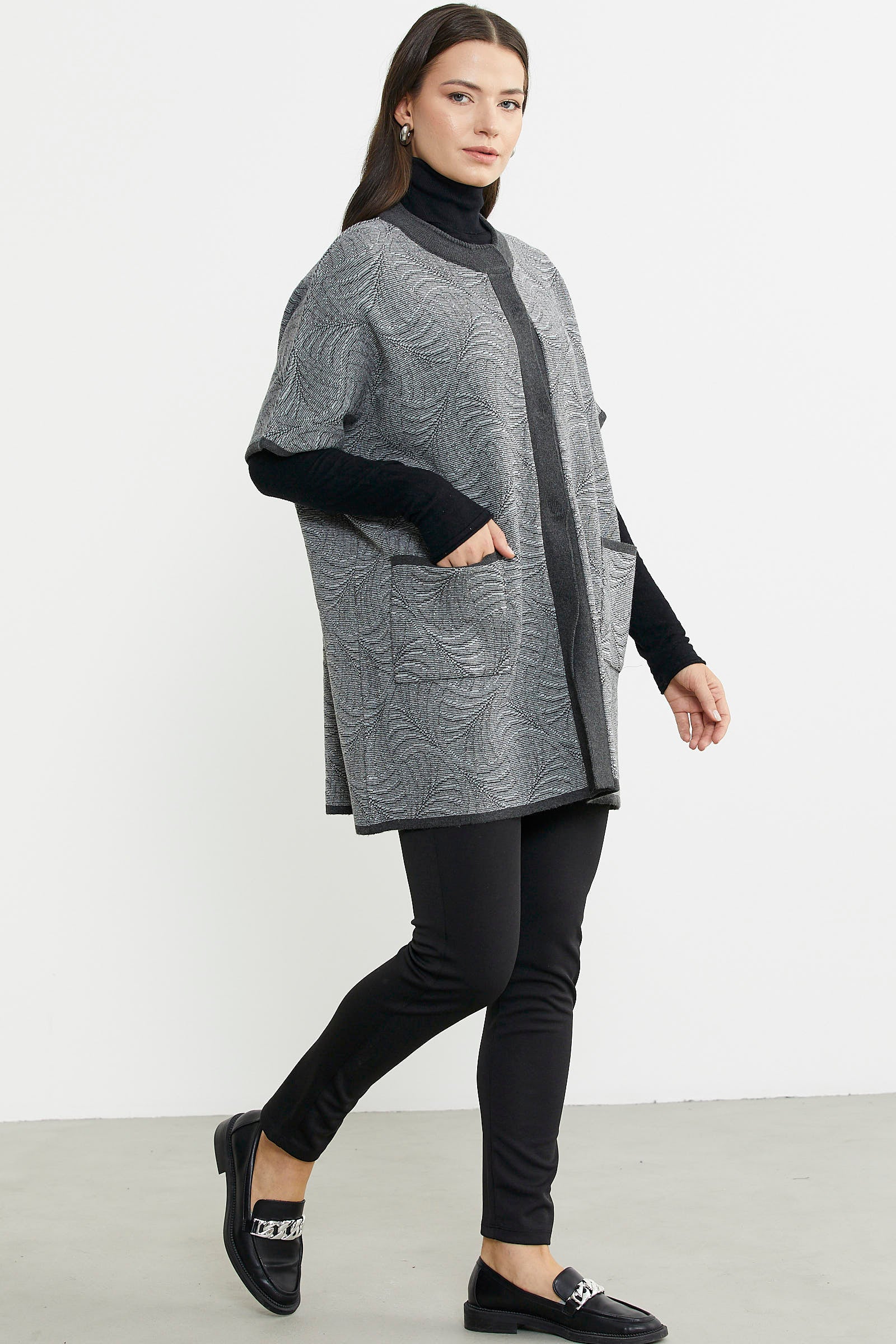 Yarasa Kısa Kol Yünlü Triko Ceket - Antrasit - Sementa