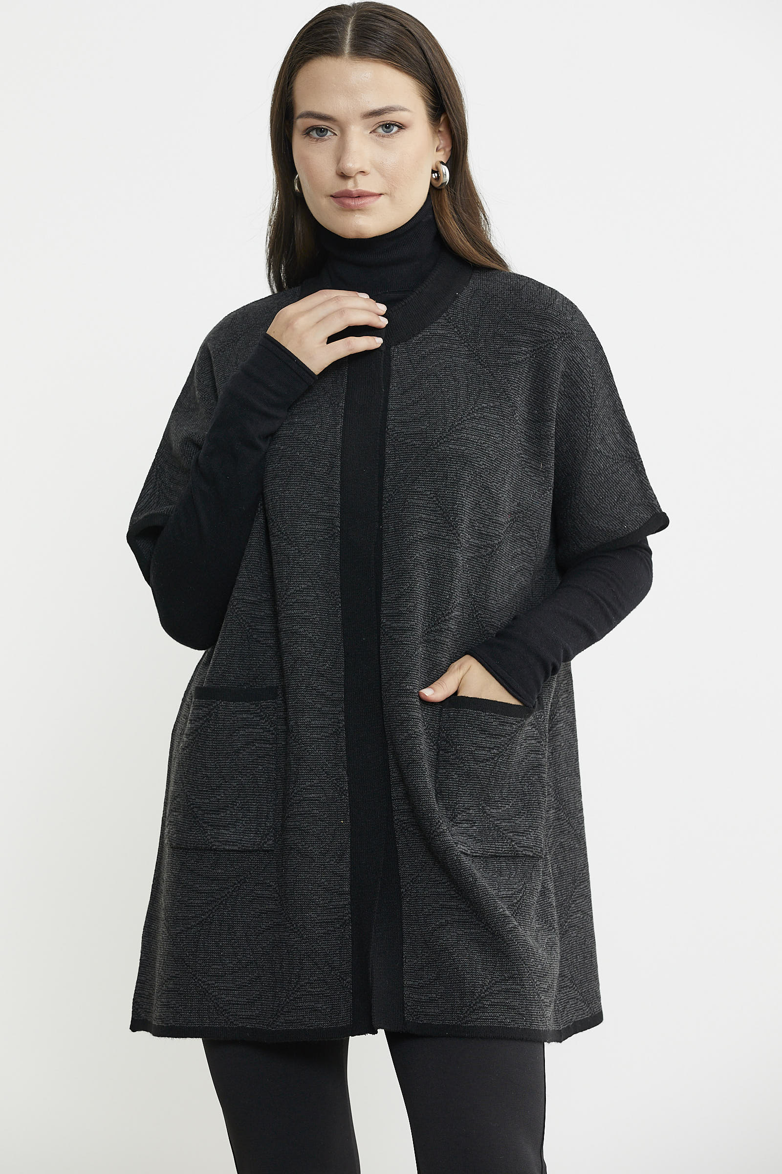 Yarasa Kısa Kol Yünlü Triko Ceket - Siyah - Sementa