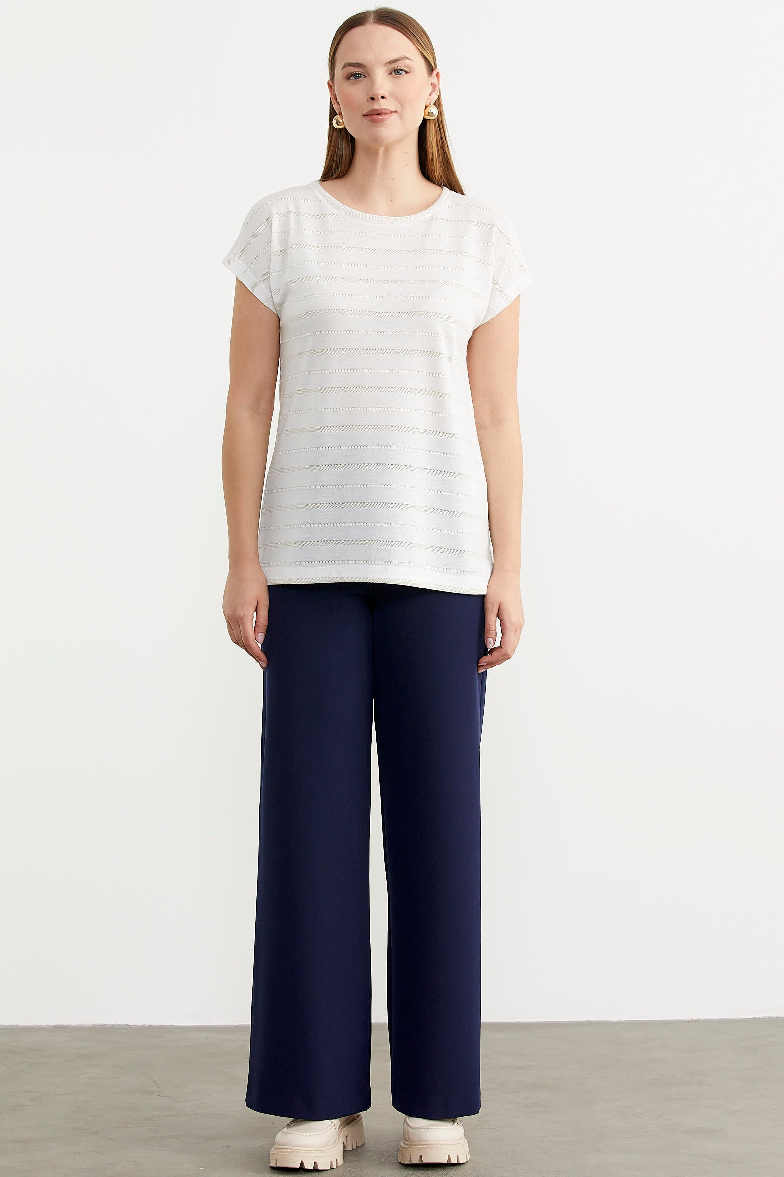 Yarasa Kol Çizgi Geçişli Tişört - Ekru (4) Sementa