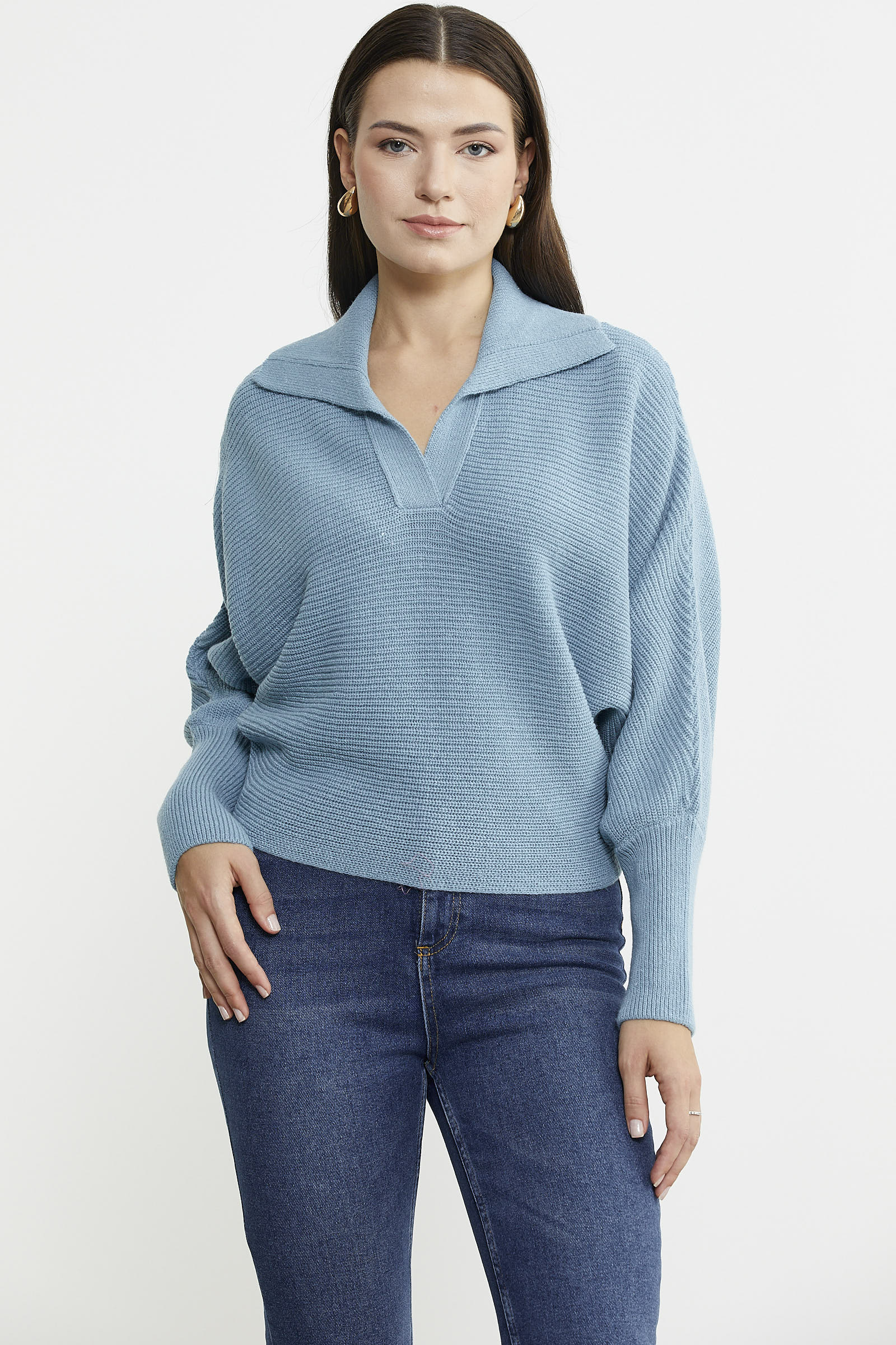 Yarasa Kol Polo Yaka Yünlü Triko Kazak - Mavi - Sementa