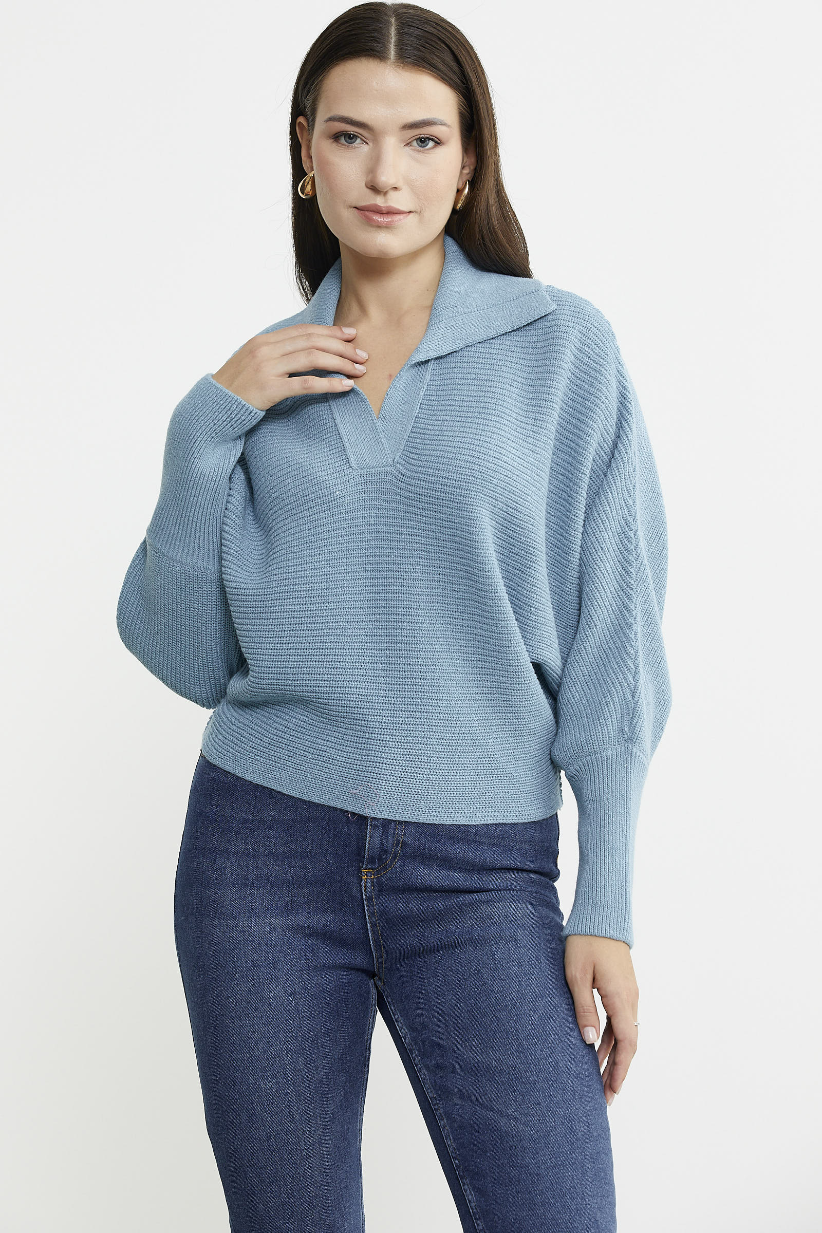 Yarasa Kol Polo Yaka Yünlü Triko Kazak - Mavi - Sementa