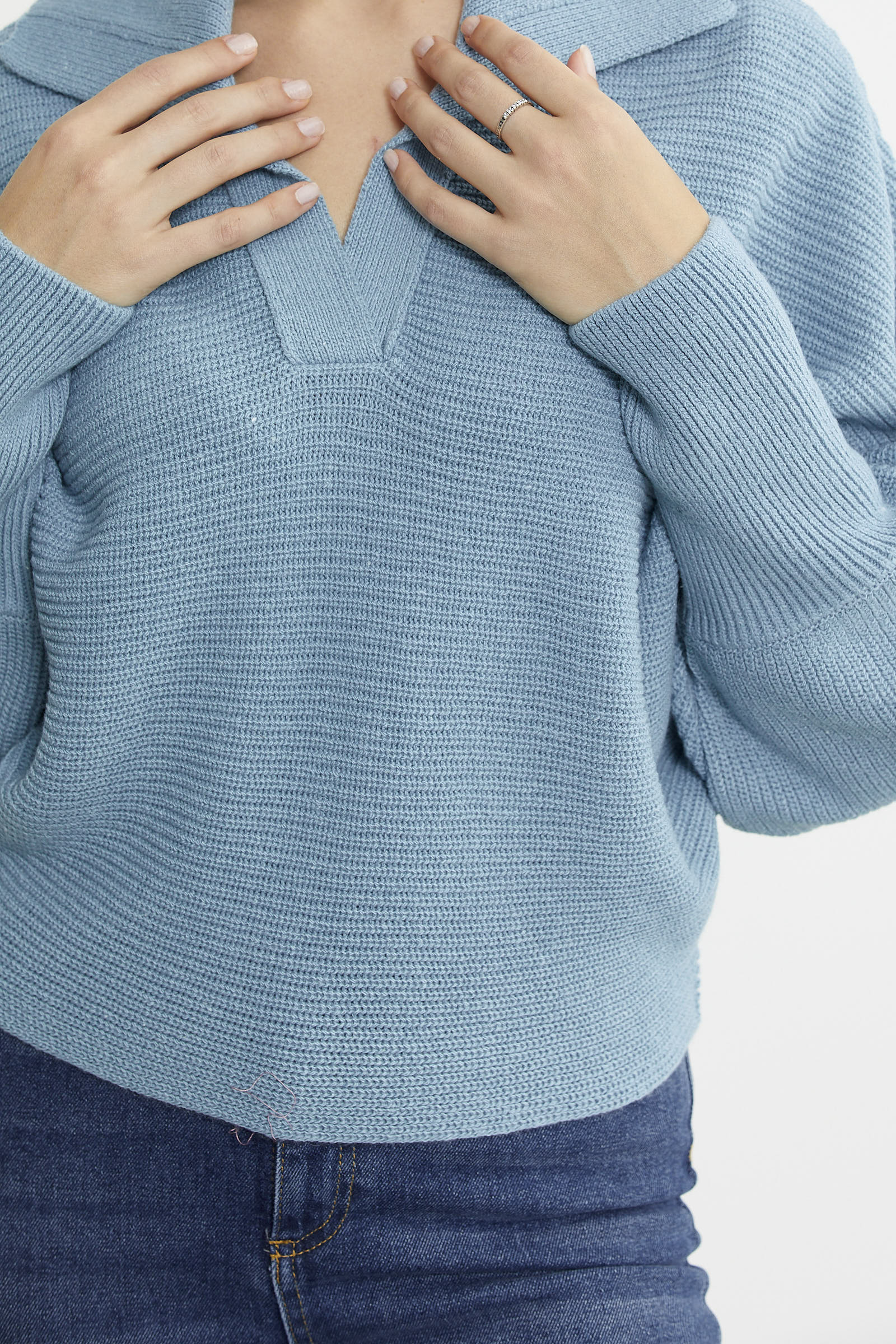 Yarasa Kol Polo Yaka Yünlü Triko Kazak - Mavi - Sementa