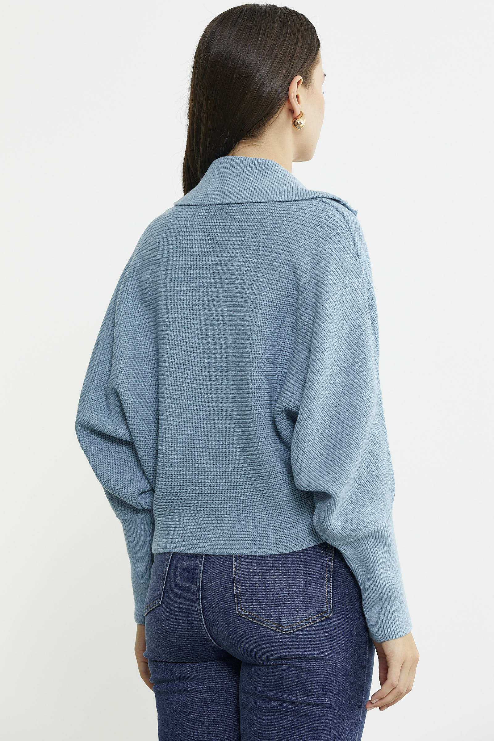 Yarasa Kol Polo Yaka Yünlü Triko Kazak - Mavi - Sementa