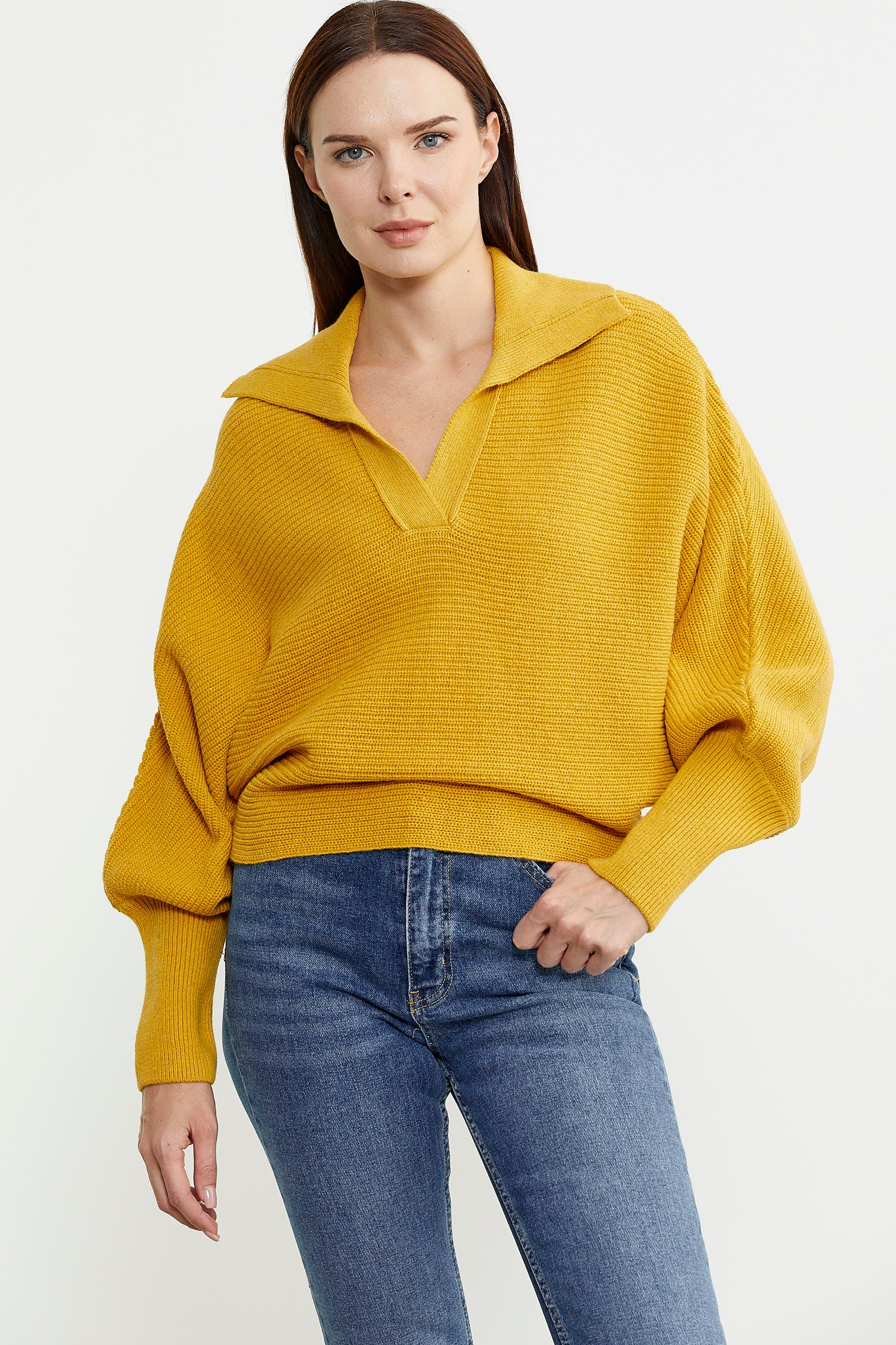 Yarasa Kol Polo Yaka Yünlü Triko Kazak - Sarı - Sementa