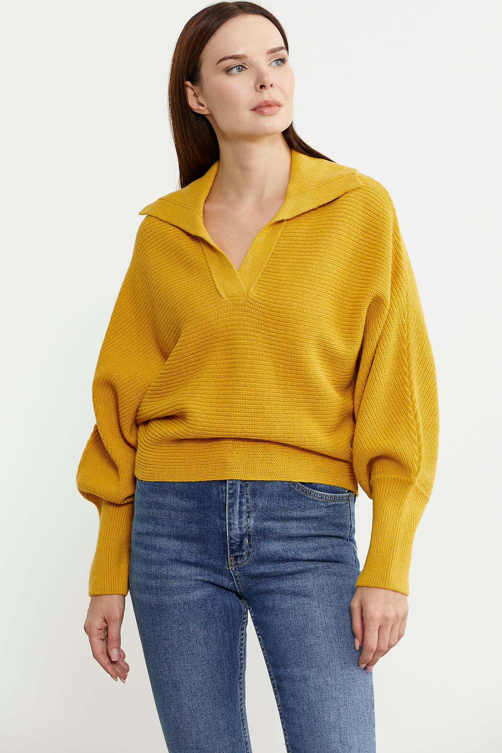 Yarasa Kol Polo Yaka Yünlü Triko Kazak - Sarı - Sementa