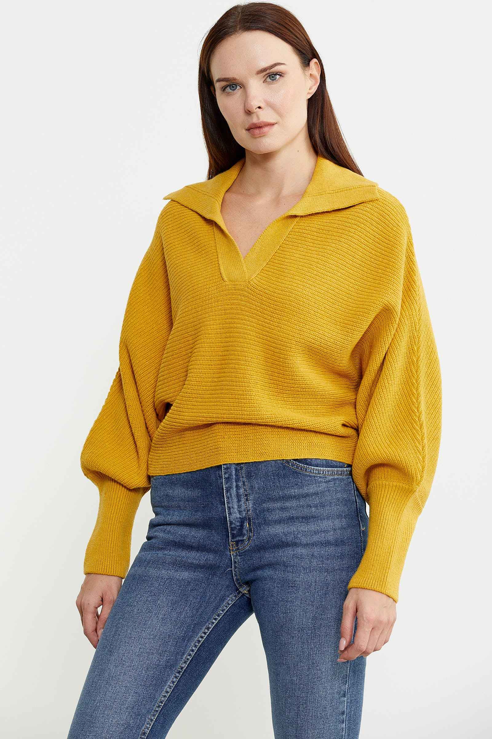 Yarasa Kol Polo Yaka Yünlü Triko Kazak - Sarı - Sementa