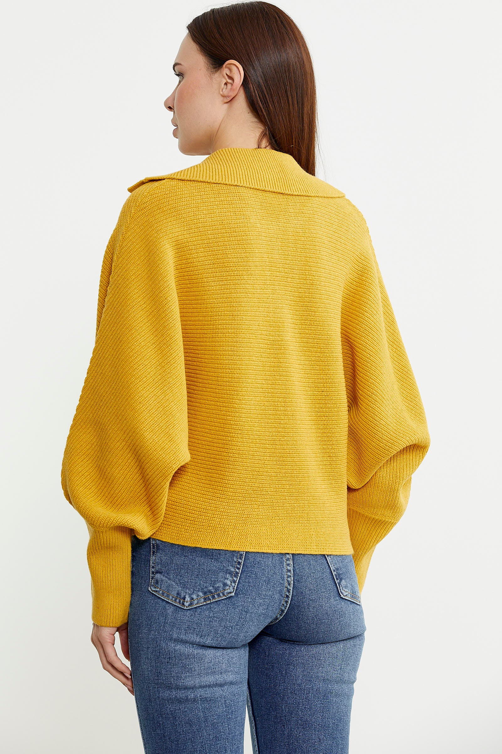 Yarasa Kol Polo Yaka Yünlü Triko Kazak - Sarı - Sementa