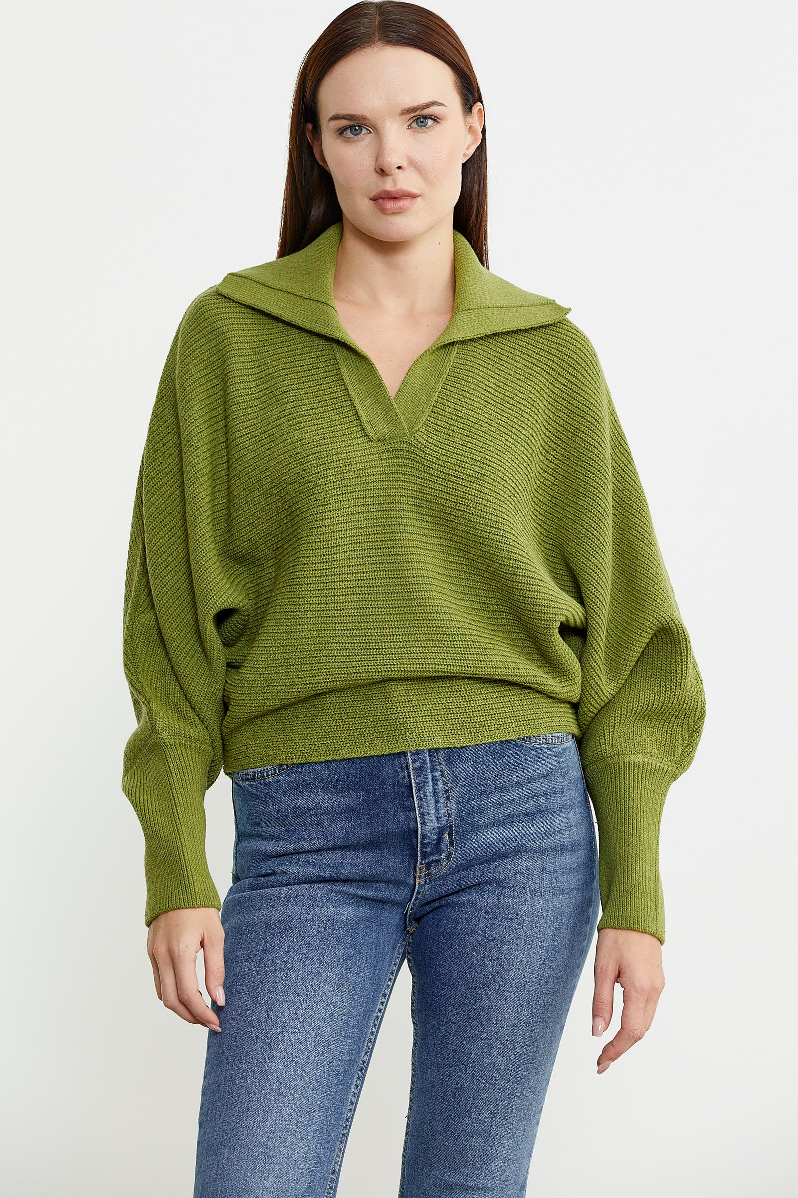 Yarasa Kol Polo Yaka Yünlü Triko Kazak - Yeşil - Sementa