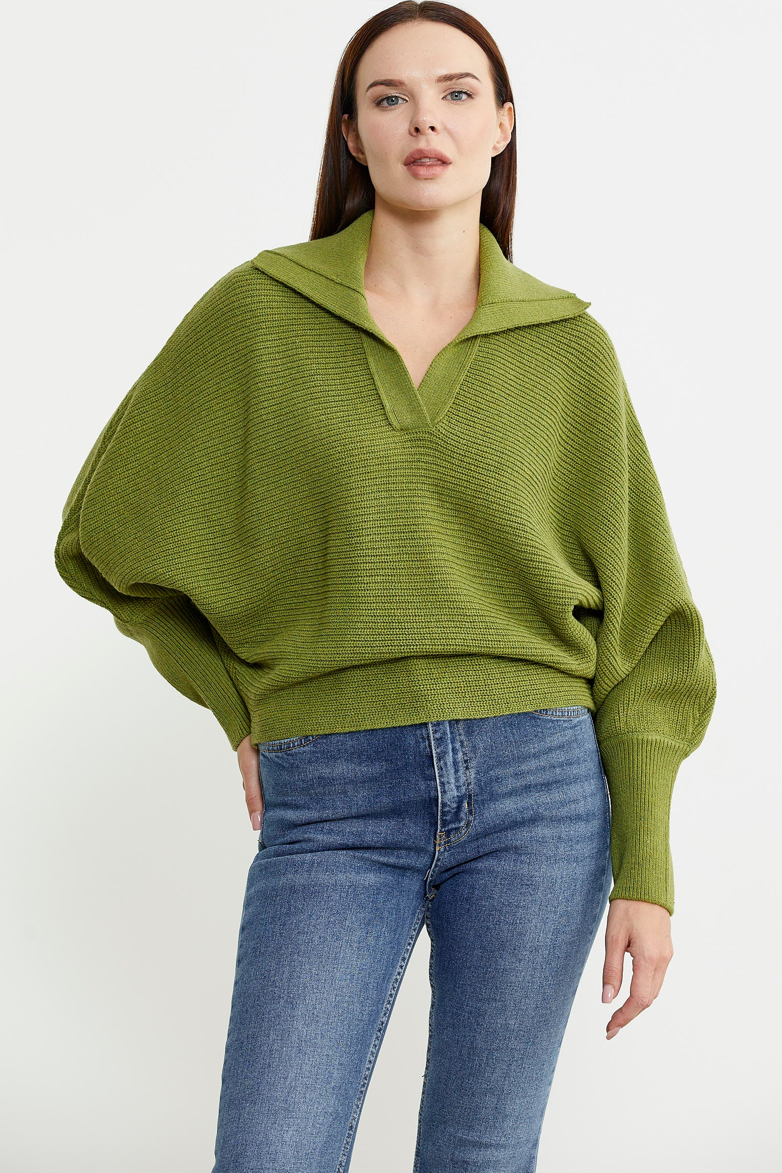 Yarasa Kol Polo Yaka Yünlü Triko Kazak - Yeşil - Sementa