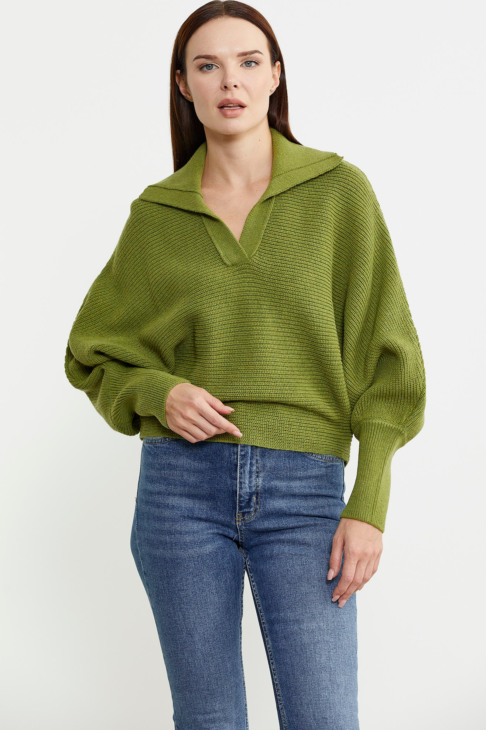 Yarasa Kol Polo Yaka Yünlü Triko Kazak - Yeşil - Sementa