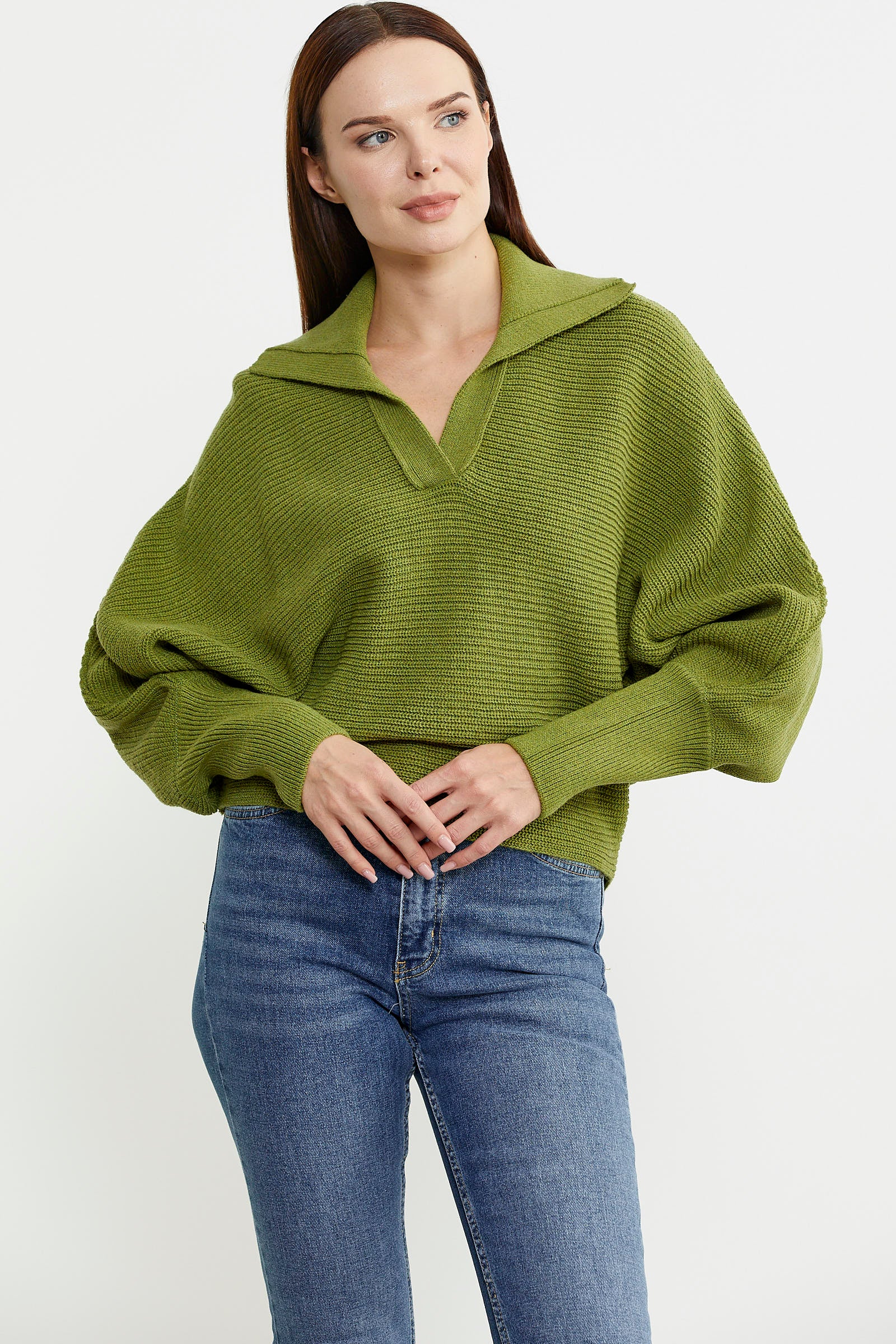 Yarasa Kol Polo Yaka Yünlü Triko Kazak - Yeşil - Sementa