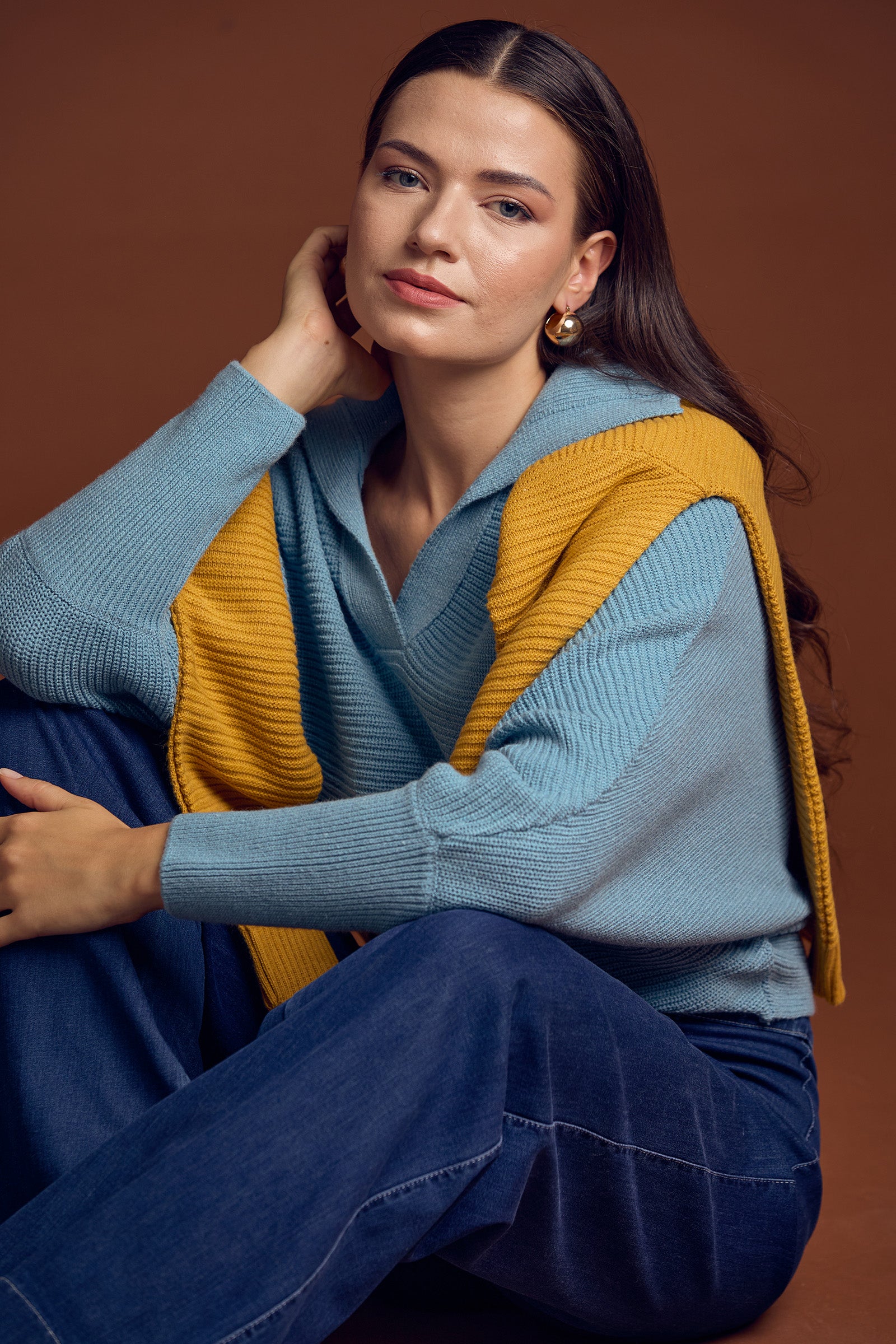 Yarasa Kol Polo Yaka Yünlü Triko Kazak - Mavi - Sementa