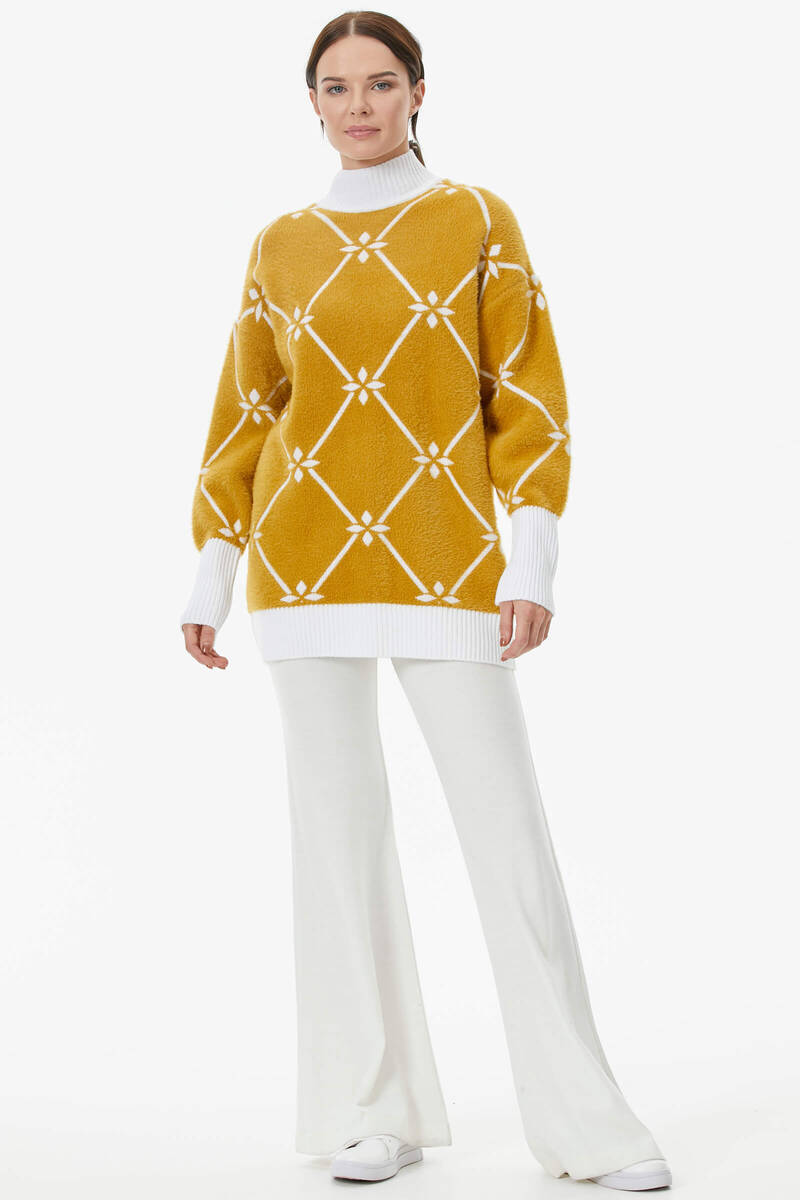 Yarım Balıkçı Baklava Desen Triko Kazak - Beyaz - Hardal (3) Sementa