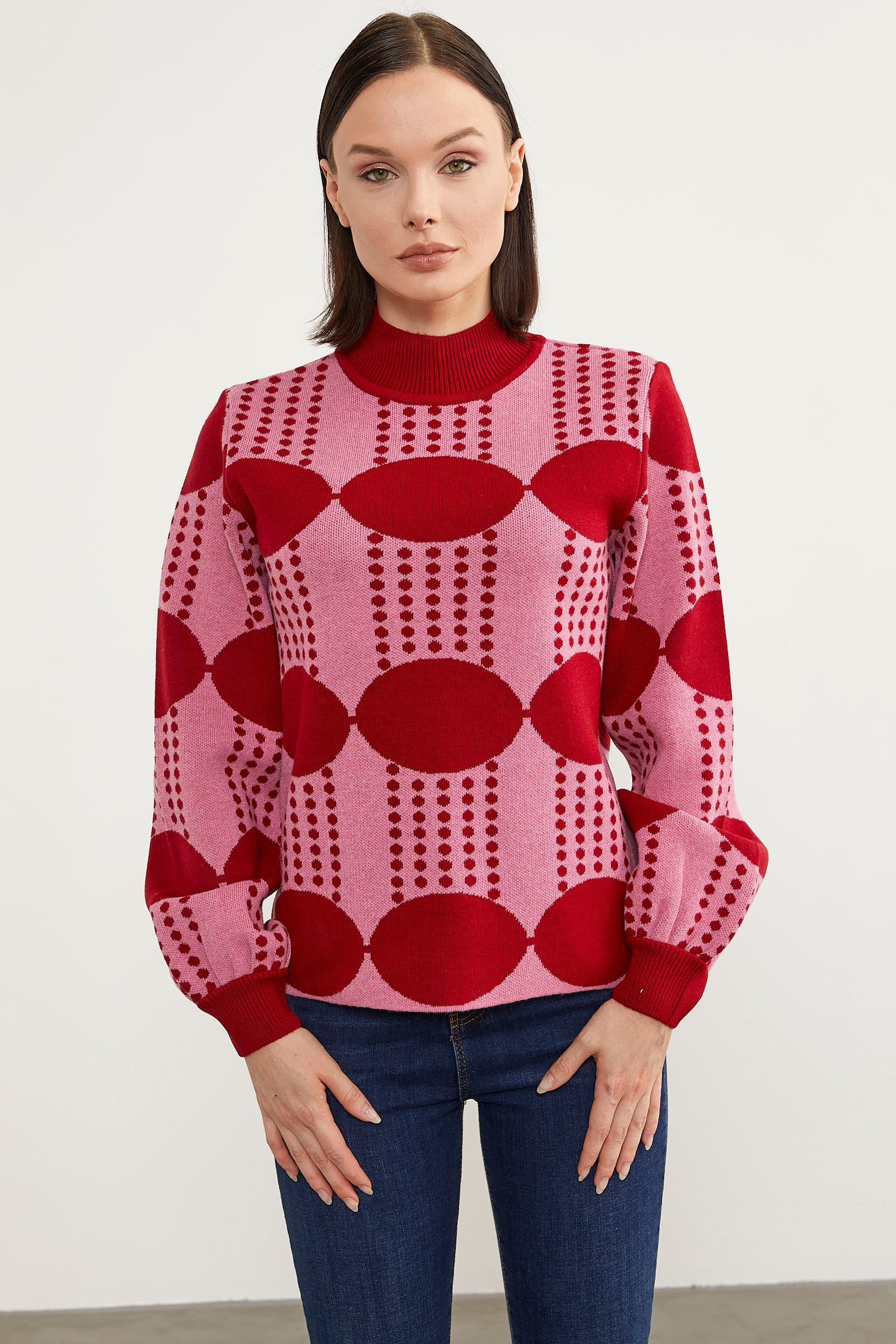 Yarım Balıkçı Çift Renk Triko Kazak - Kırmızı (1) Sementa