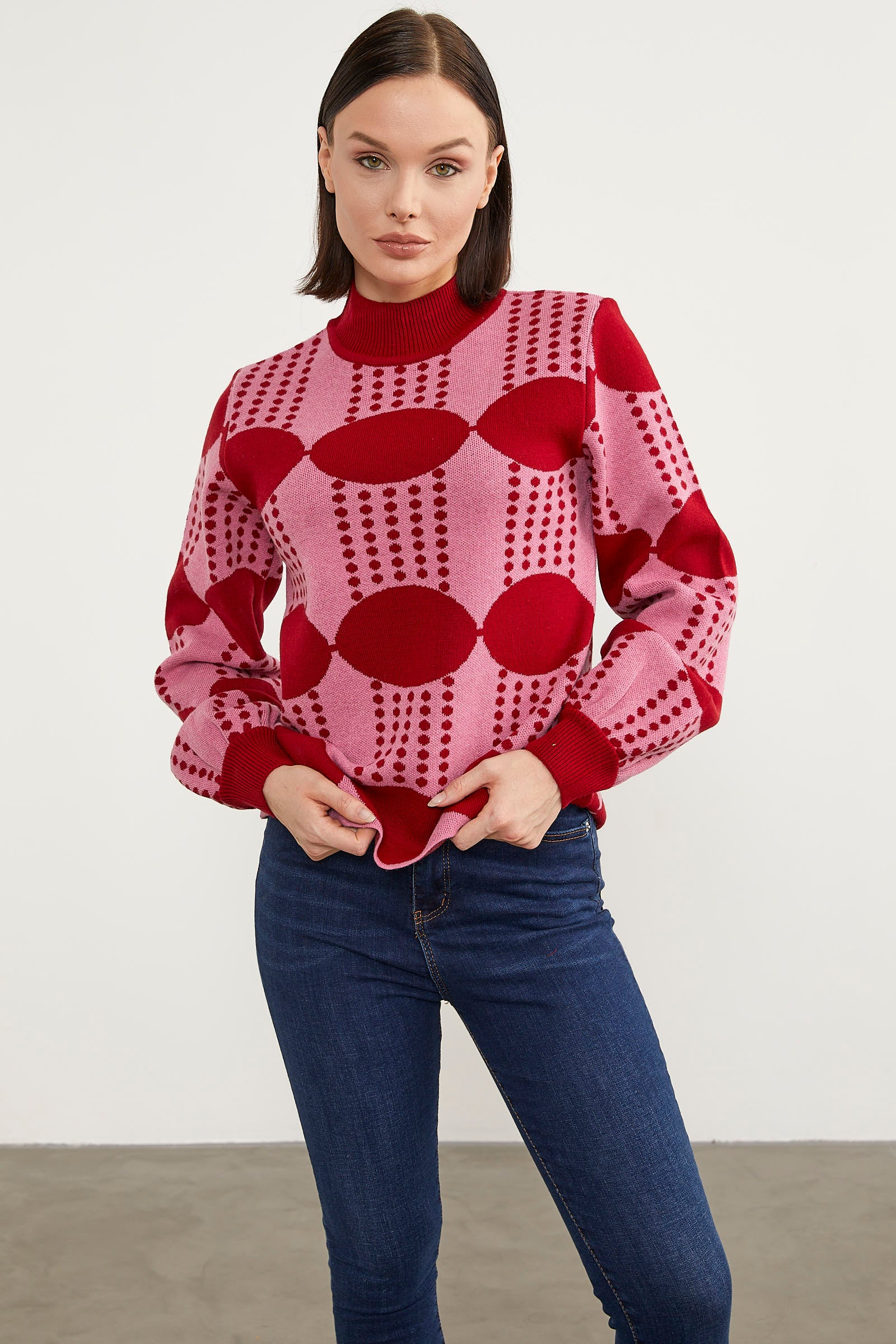 Yarım Balıkçı Çift Renk Triko Kazak - Kırmızı (2) Sementa