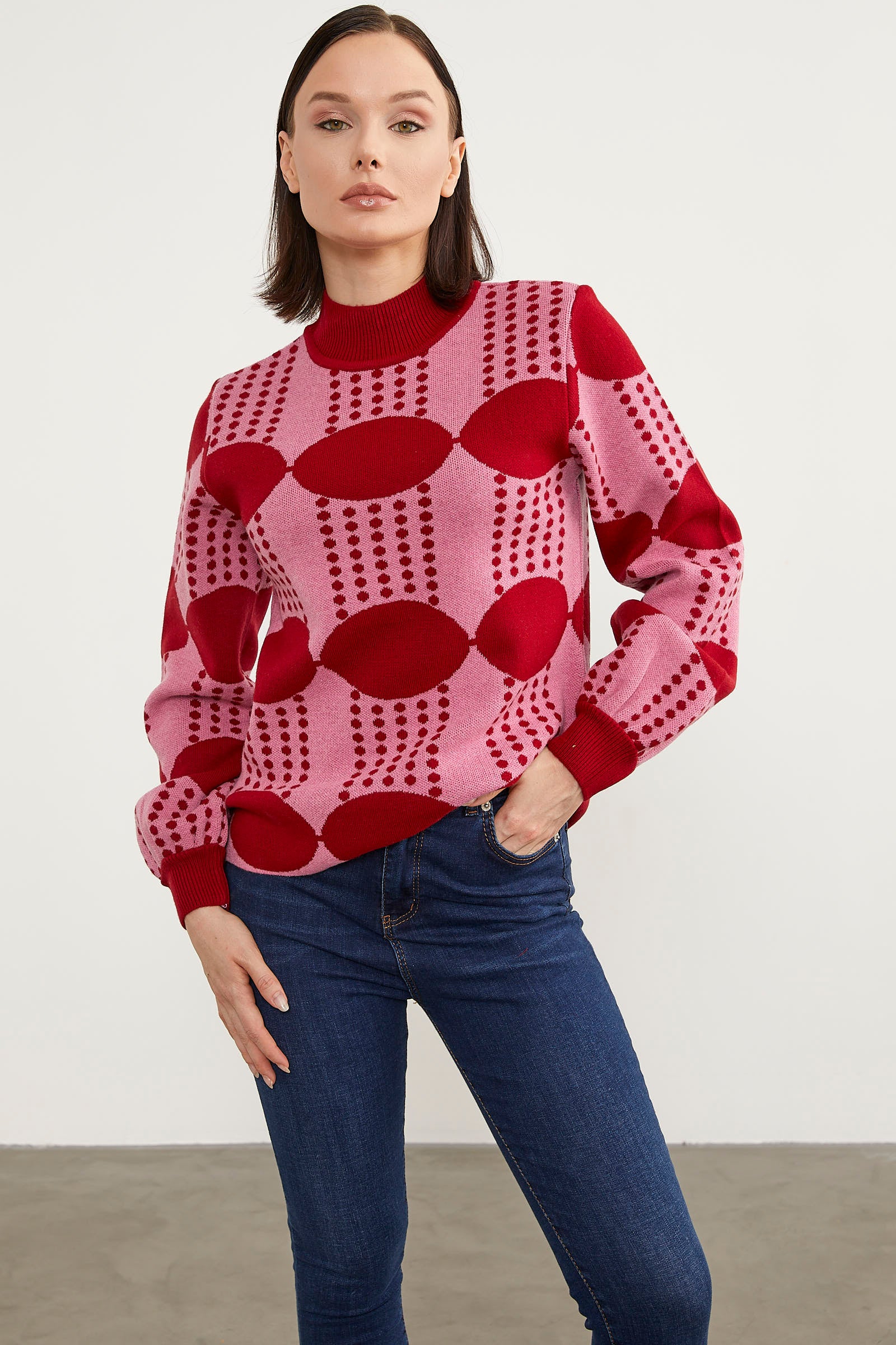 Yarım Balıkçı Çift Renk Triko Kazak - Kırmızı (3) Sementa