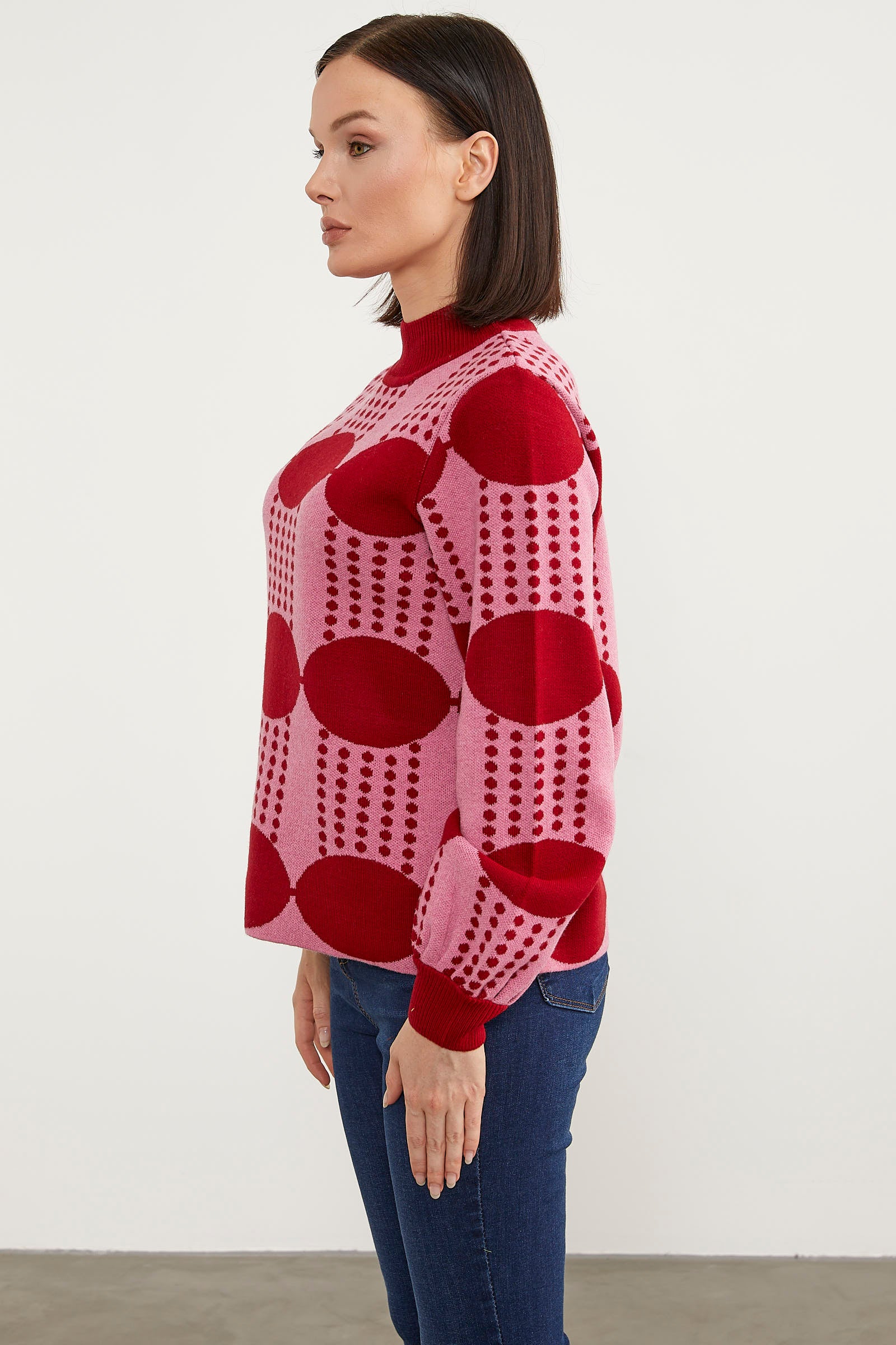 Yarım Balıkçı Çift Renk Triko Kazak - Kırmızı (4) Sementa