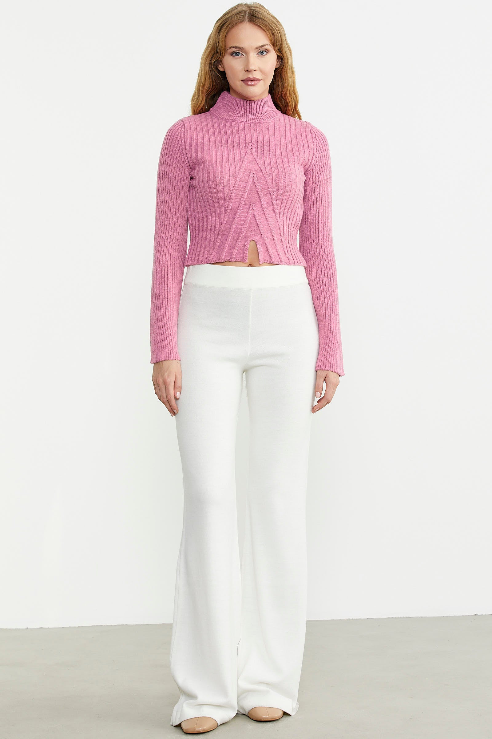 Yarım Balıkçı Crop Triko Kazak - Pembe - Sementa