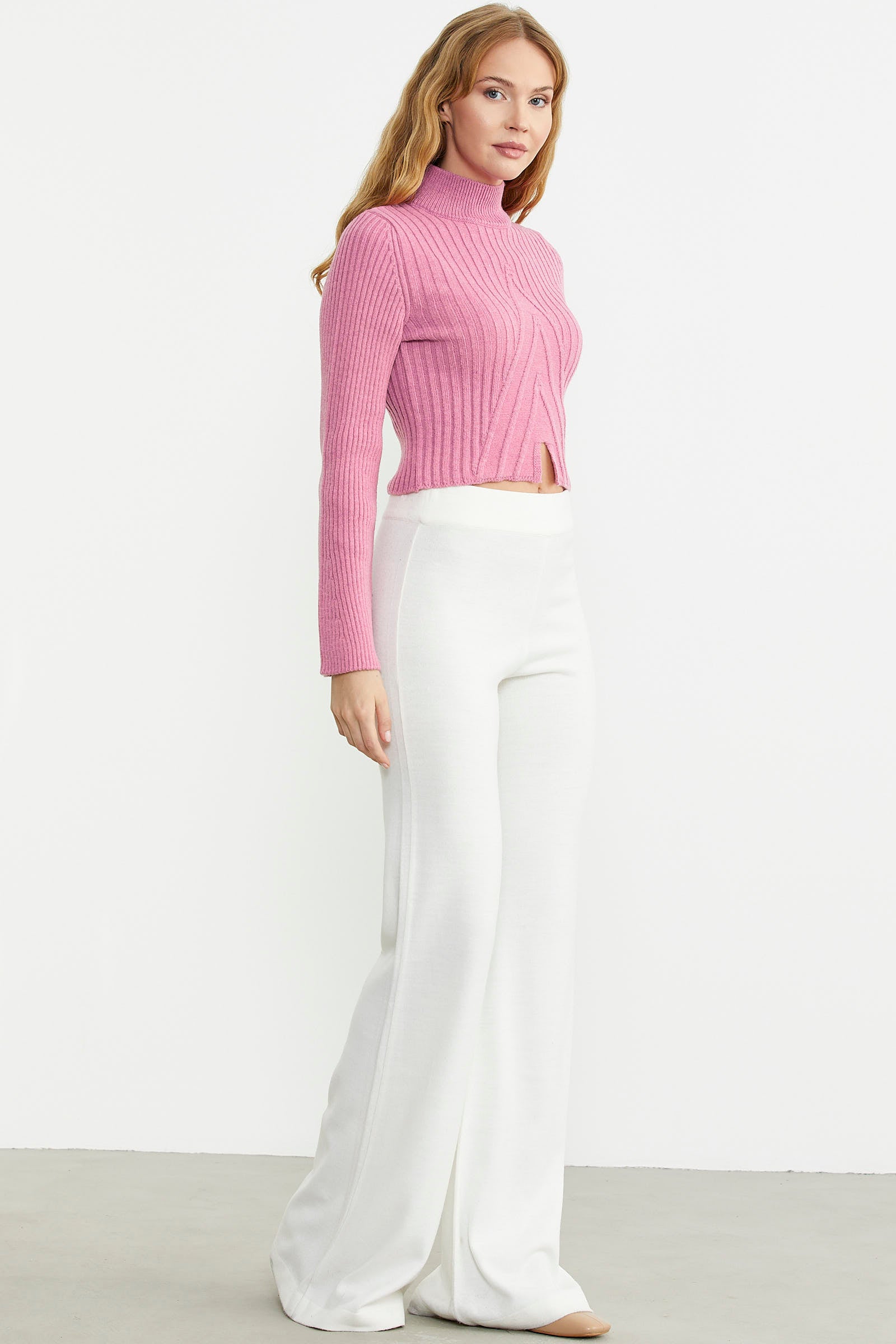 Yarım Balıkçı Crop Triko Kazak - Pembe - Sementa