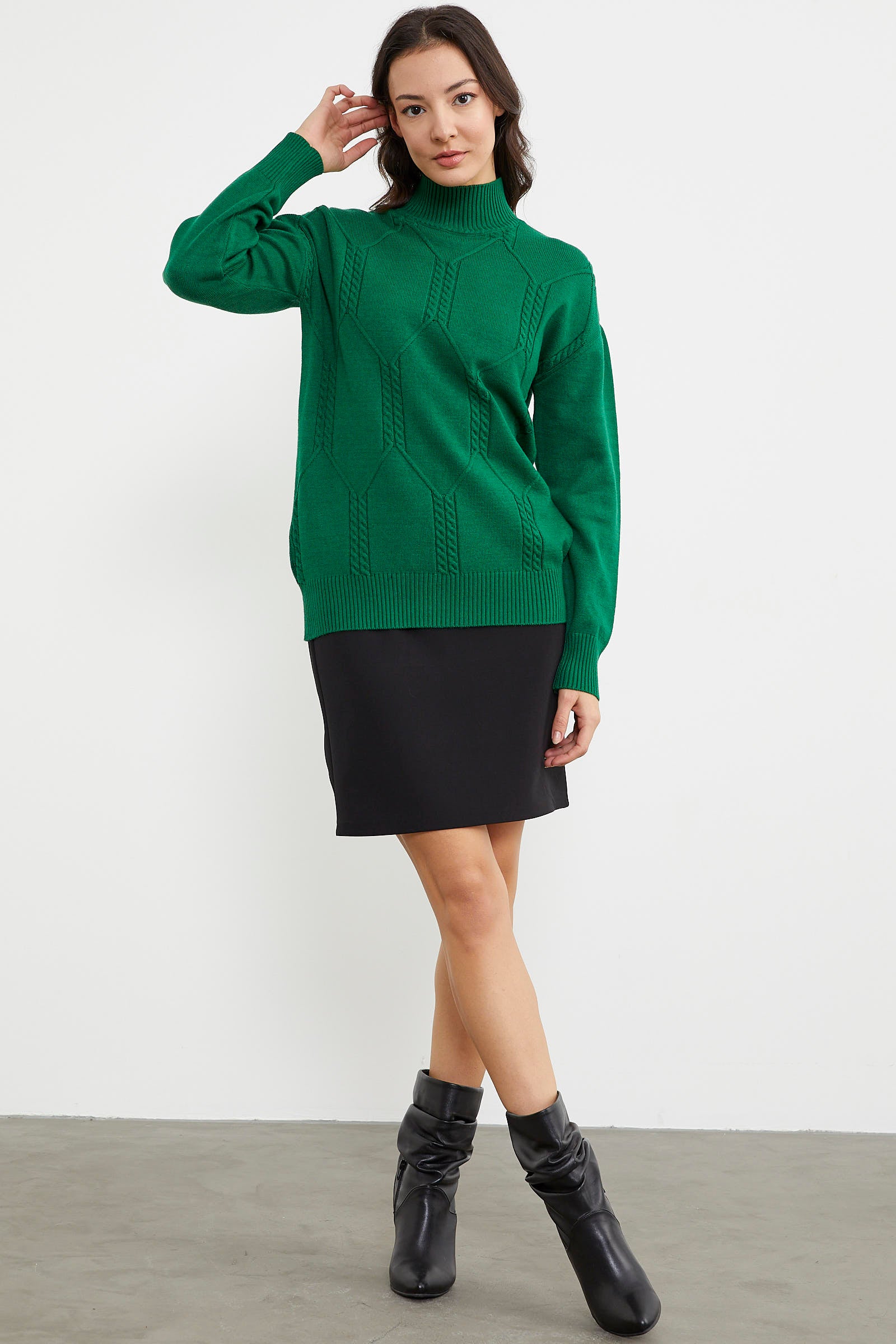 Yarım Balıkçı Desenli Basic Triko Kazak - Koyu Yeşil (1) Sementa