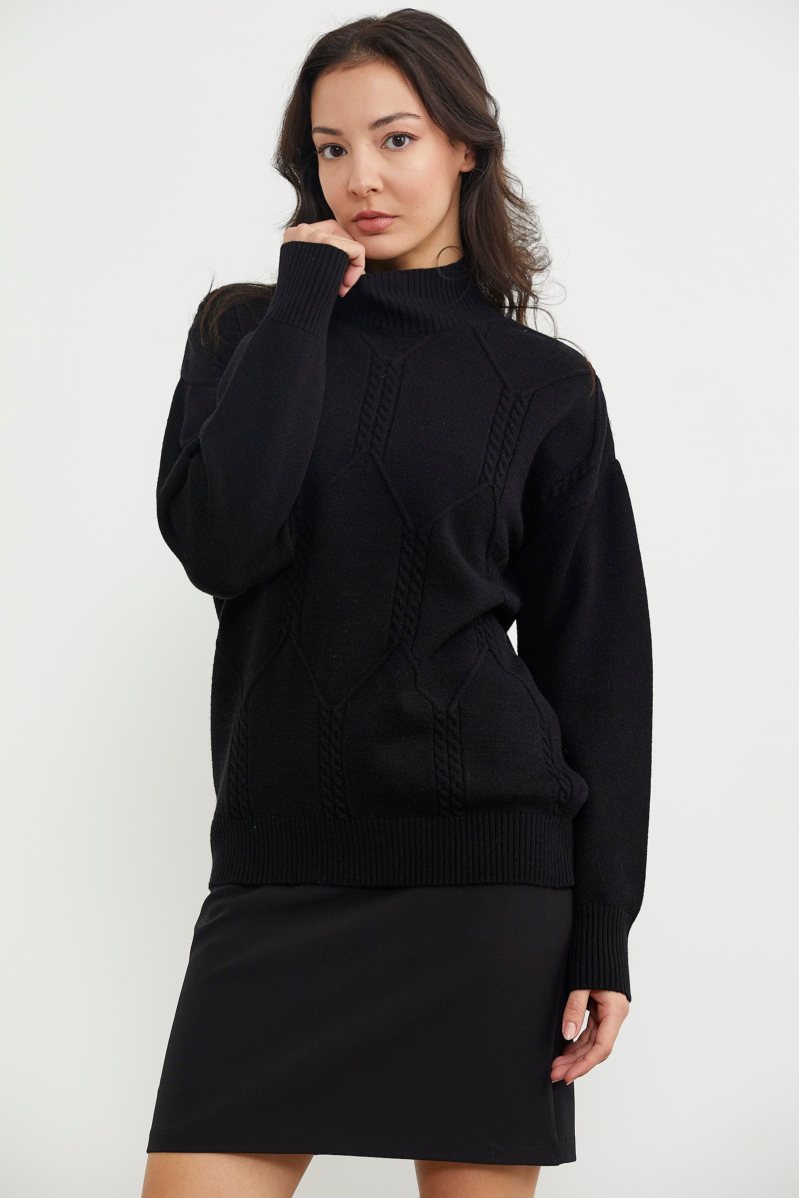 Yarım Balıkçı Desenli Basic Triko Kazak - Siyah (2) Sementa