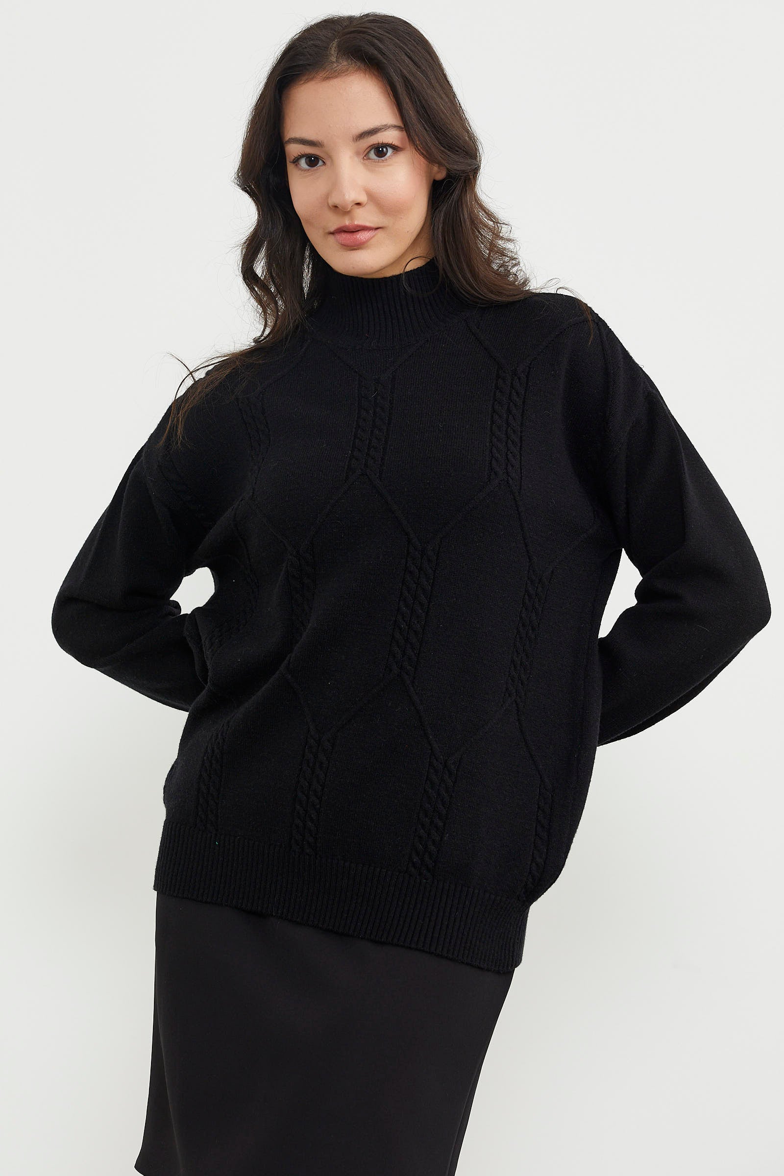 Yarım Balıkçı Desenli Basic Triko Kazak - Siyah (1) Sementa