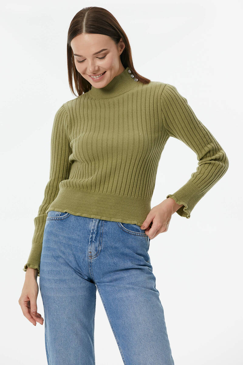 Yarım Balıkçı Düğmeli Derbili Triko Kazak - Yeşil (3) Sementa