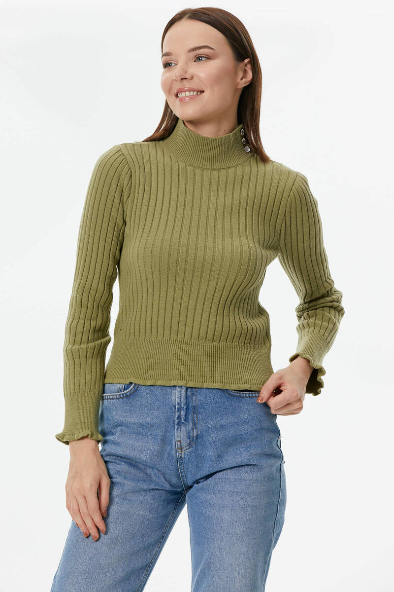 Yarım Balıkçı Düğmeli Derbili Triko Kazak - Yeşil (4) Sementa