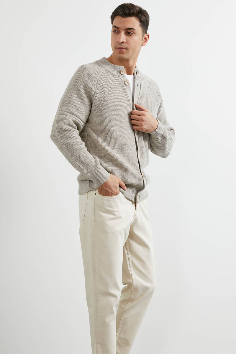 Yarım Balıkçı Düğmeli Triko Hırka - Vizon (4) Sementa