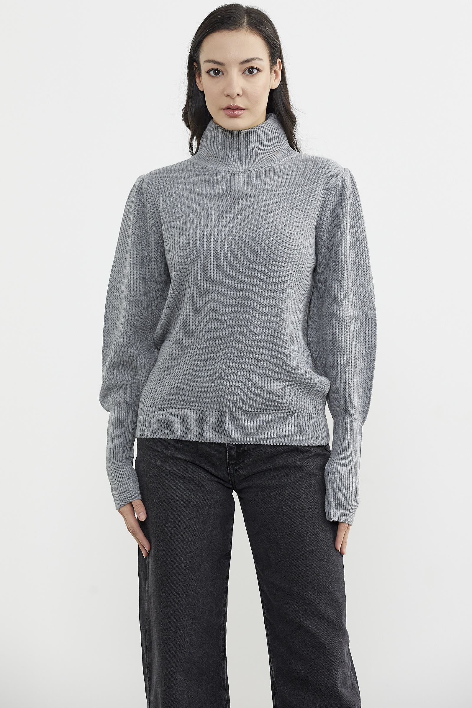 Yarım Balıkçı Kol Detaylı Triko Kazak - Gri (1) Sementa