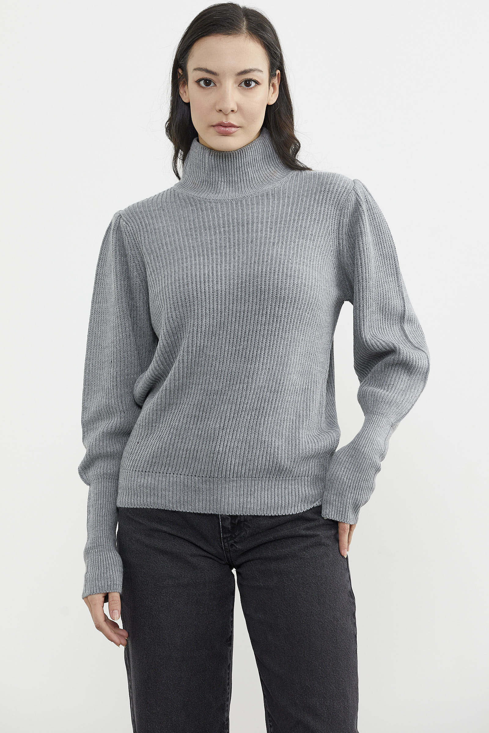 Yarım Balıkçı Kol Detaylı Triko Kazak - Gri (3) Sementa