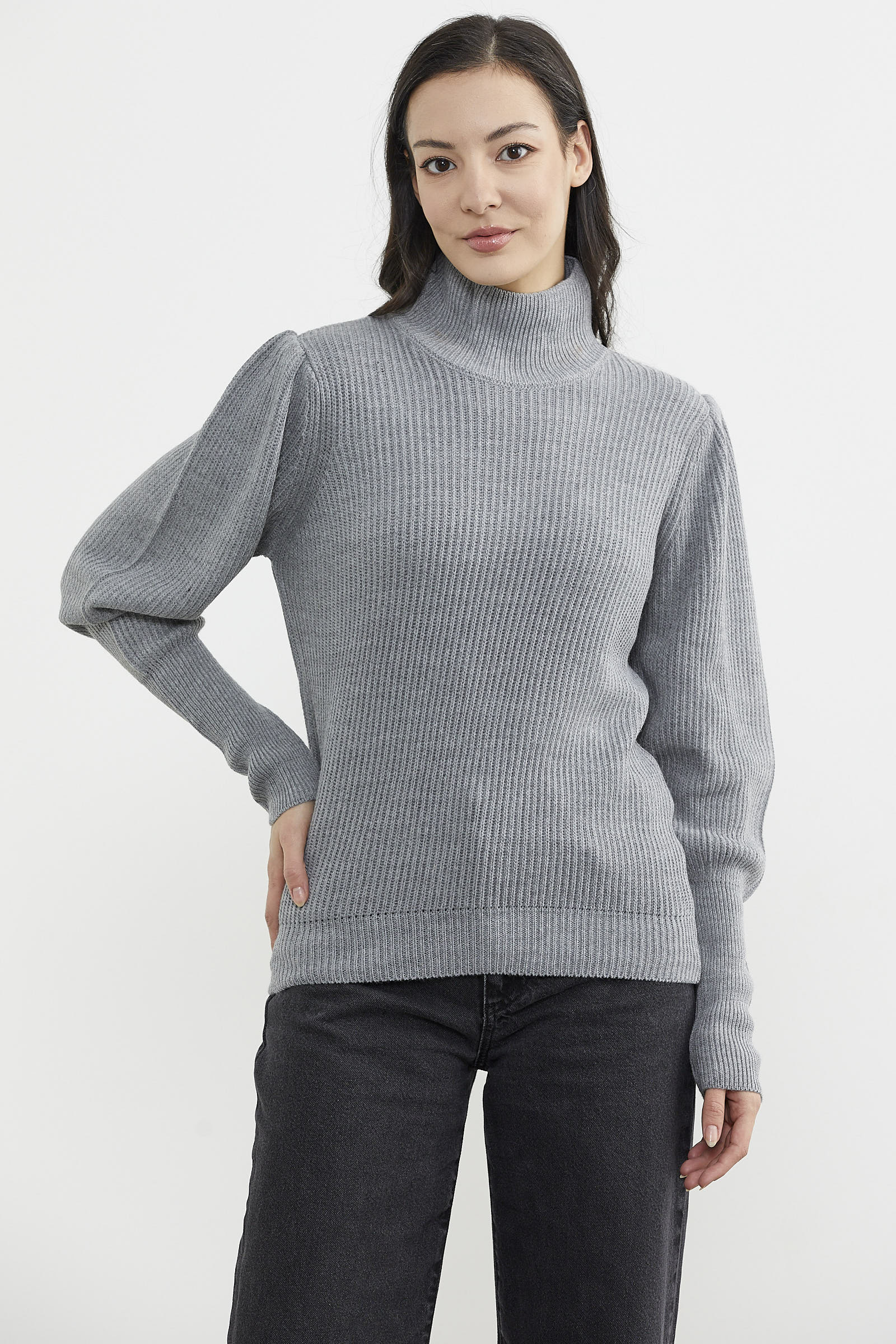 Yarım Balıkçı Kol Detaylı Triko Kazak - Gri (4) Sementa