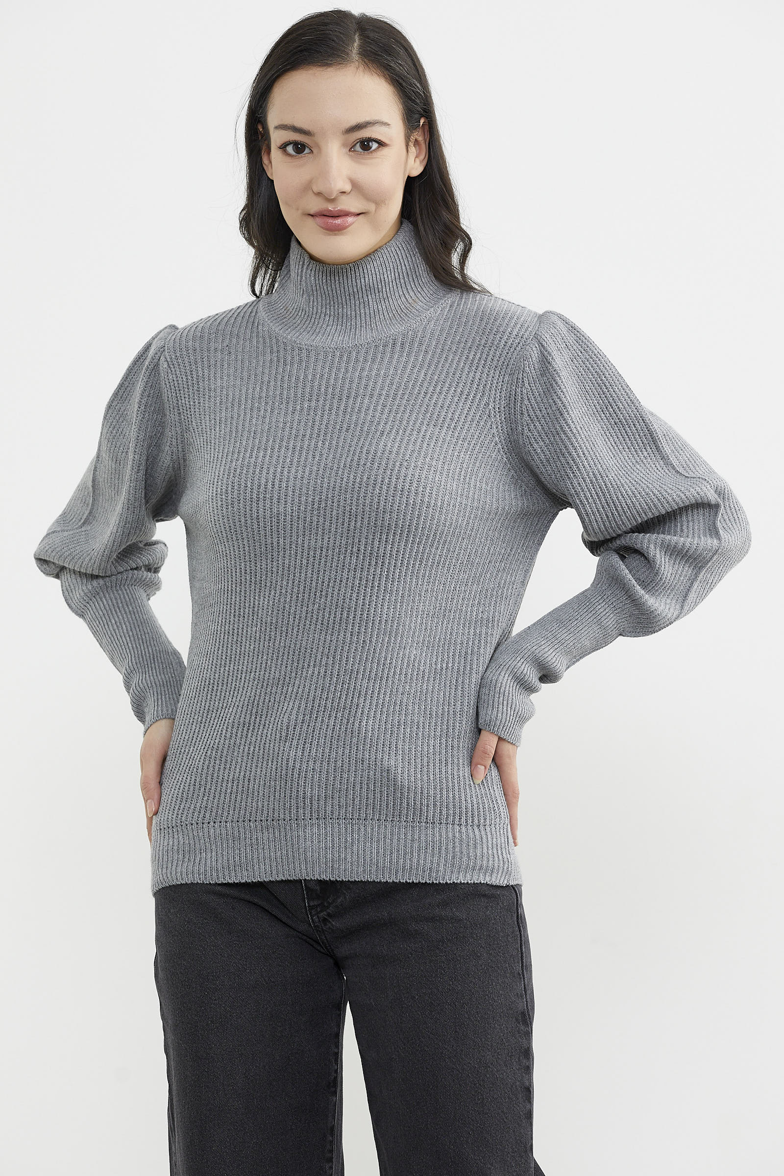 Yarım Balıkçı Kol Detaylı Triko Kazak - Gri (5) Sementa