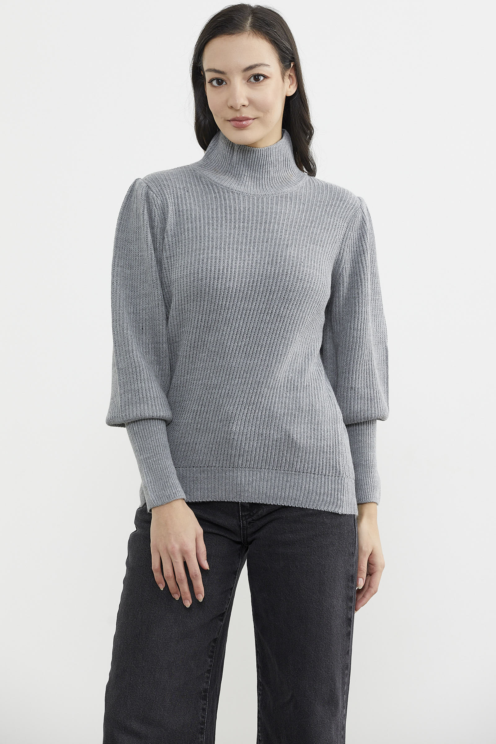 Yarım Balıkçı Kol Detaylı Triko Kazak - Gri (6) Sementa