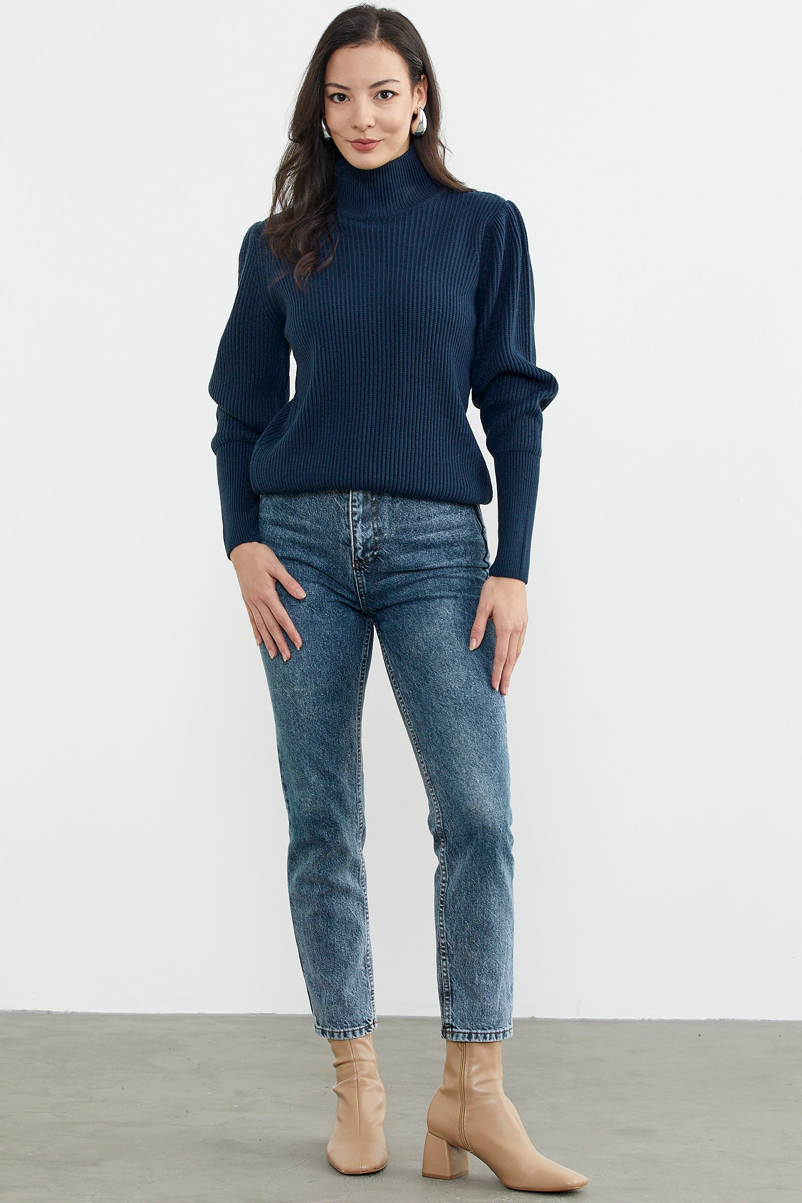 Yarım Balıkçı Kol Detaylı Triko Kazak - Lacivert (1) Sementa