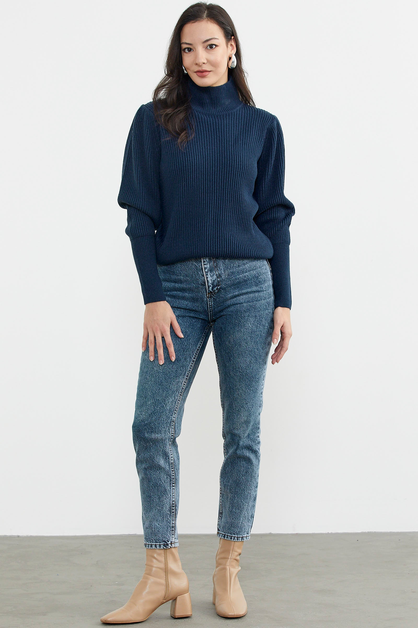 Yarım Balıkçı Kol Detaylı Triko Kazak - Lacivert (2) Sementa