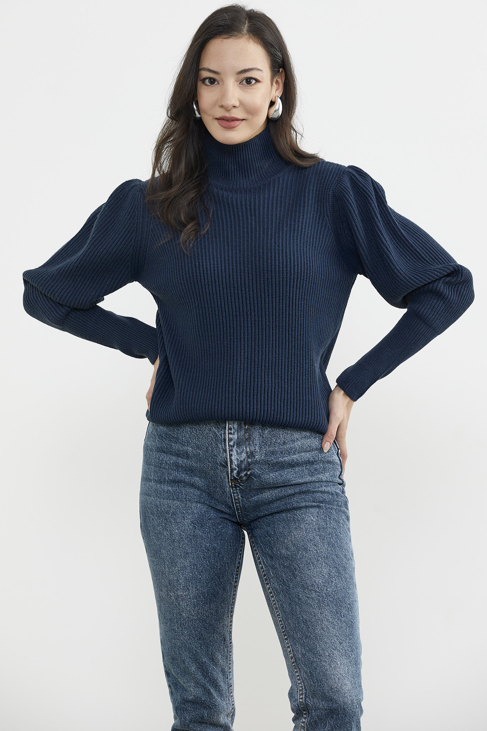 Yarım Balıkçı Kol Detaylı Triko Kazak - Lacivert (4) Sementa