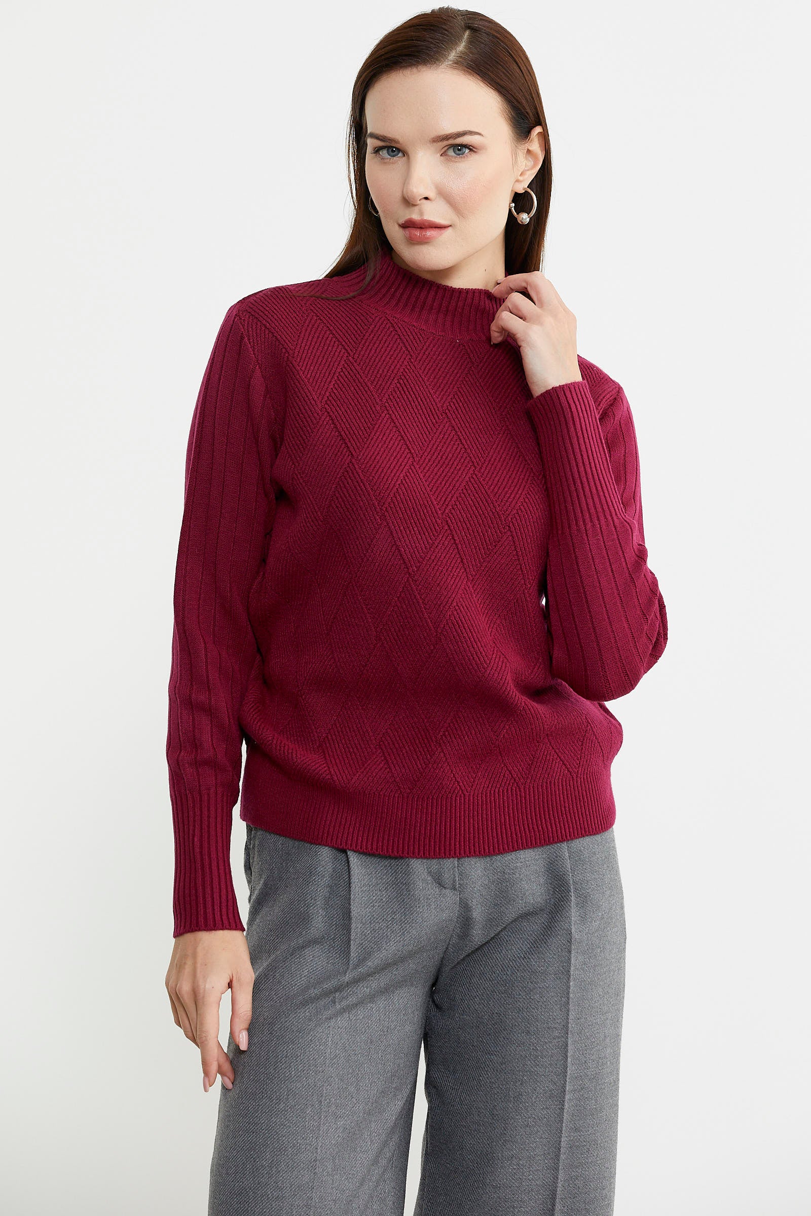 Yarım Balıkçı Motifli Triko Kazak - Bordo - Sementa