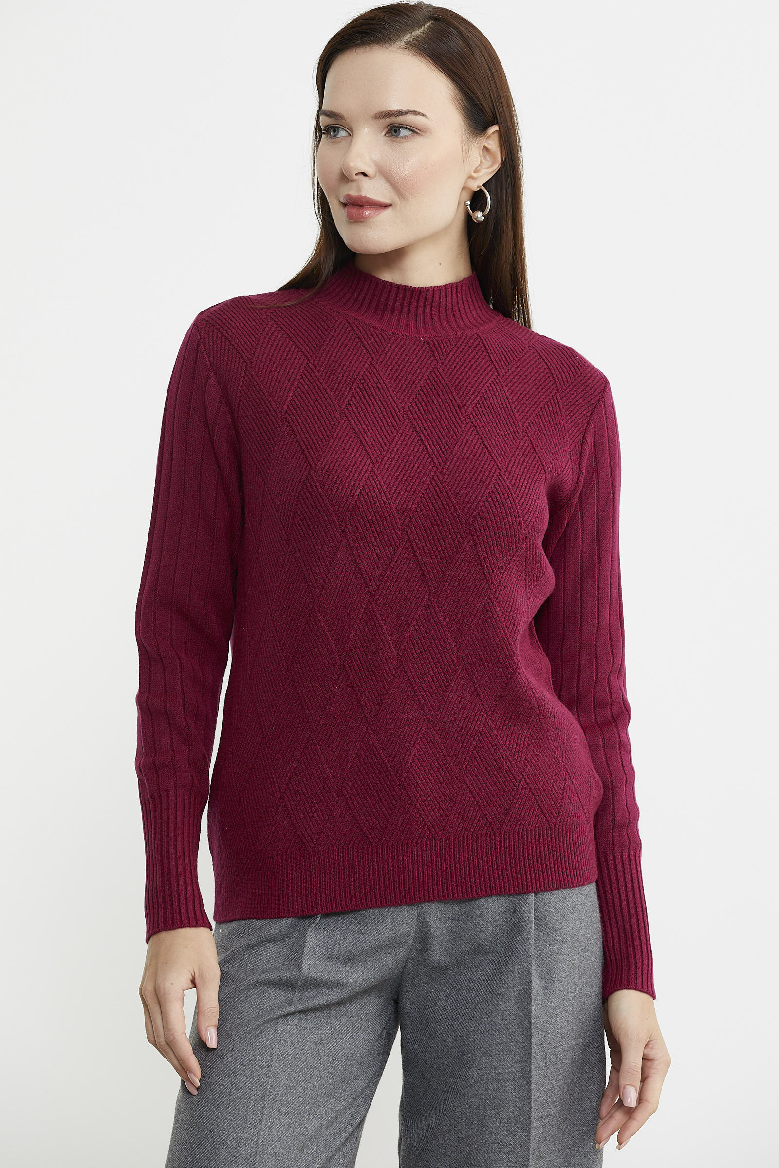 Yarım Balıkçı Motifli Triko Kazak - Bordo - Sementa