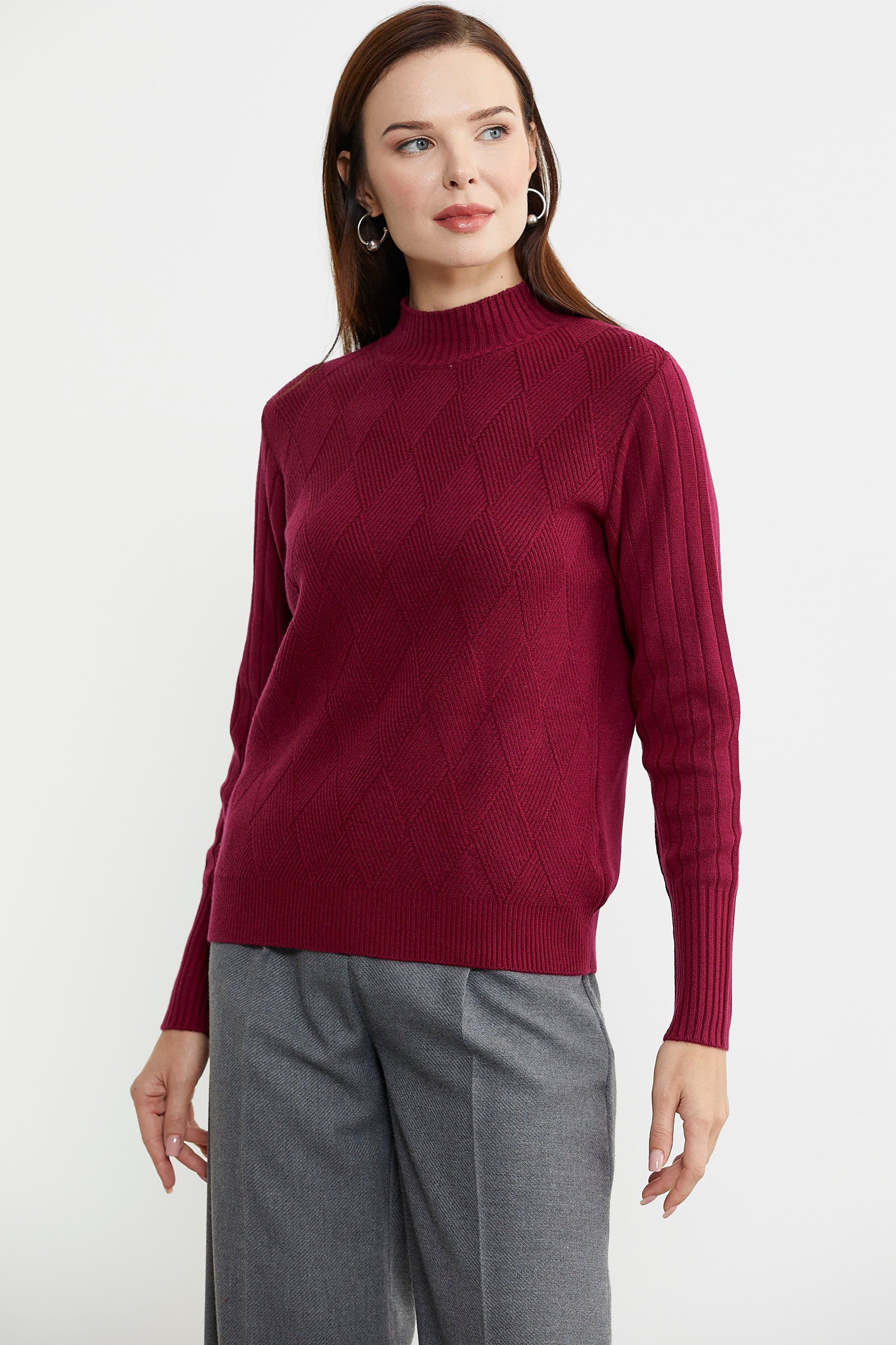 Yarım Balıkçı Motifli Triko Kazak - Bordo - Sementa