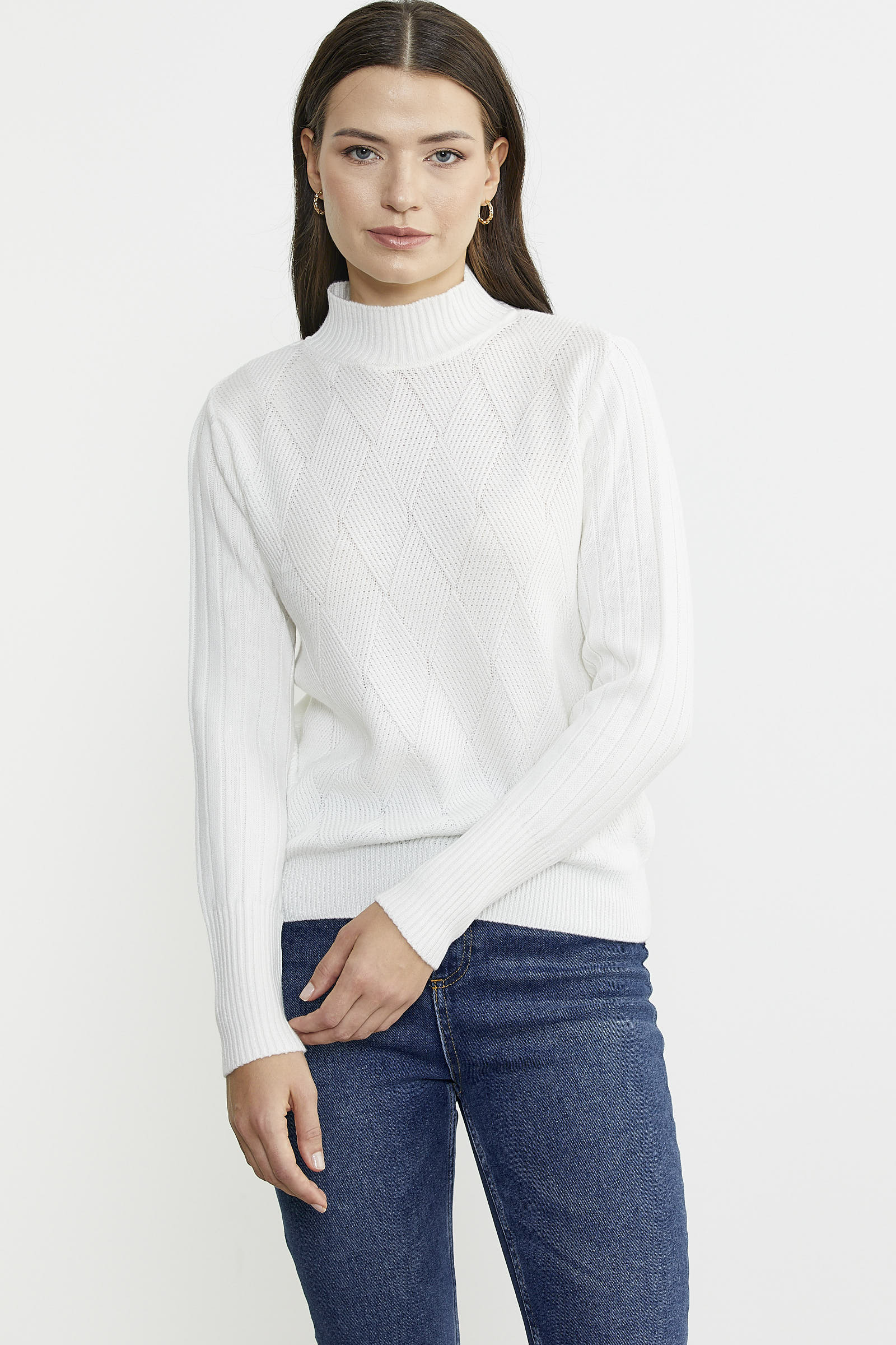 Yarım Balıkçı Motifli Triko Kazak - Kemik - Sementa