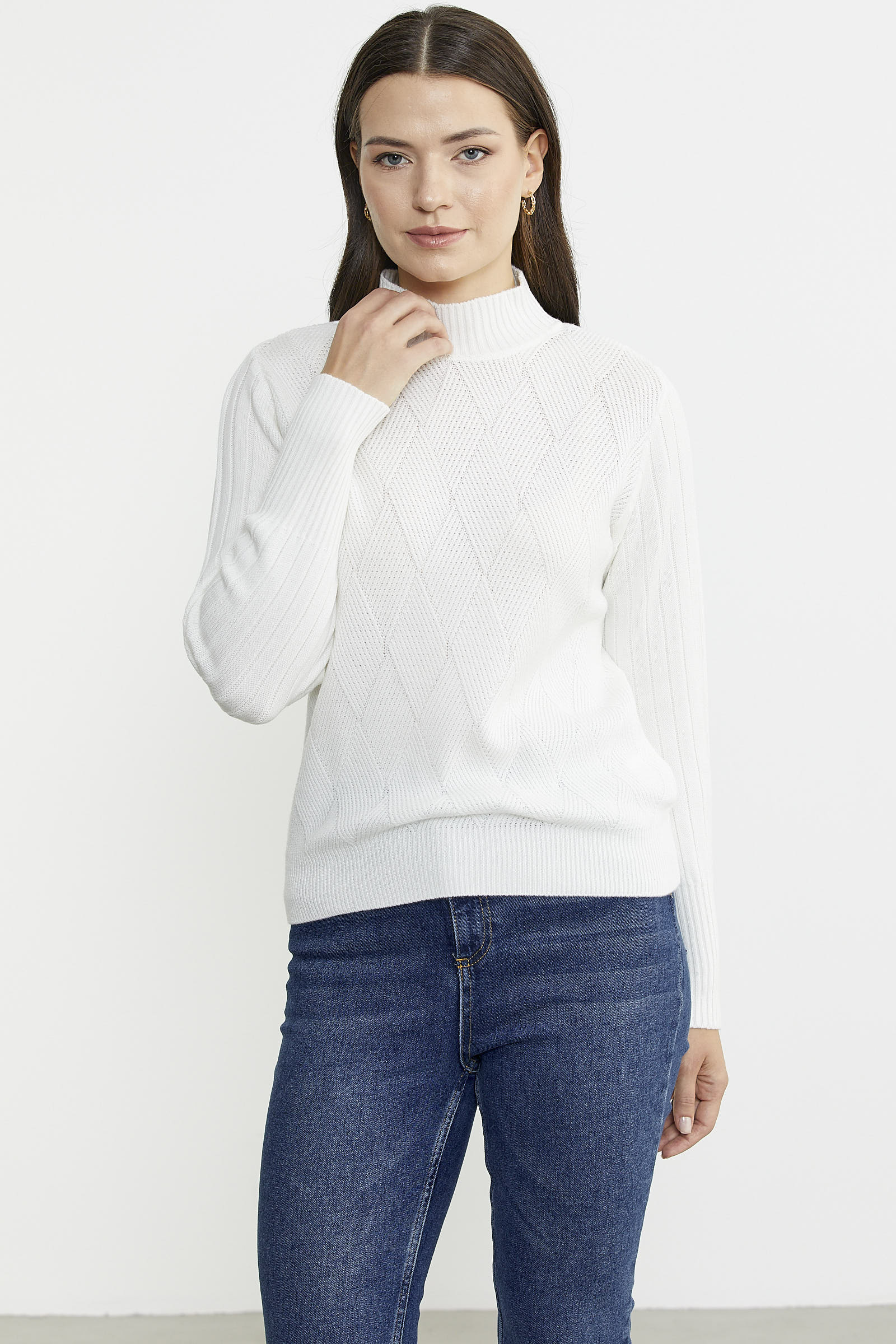 Yarım Balıkçı Motifli Triko Kazak - Kemik - Sementa