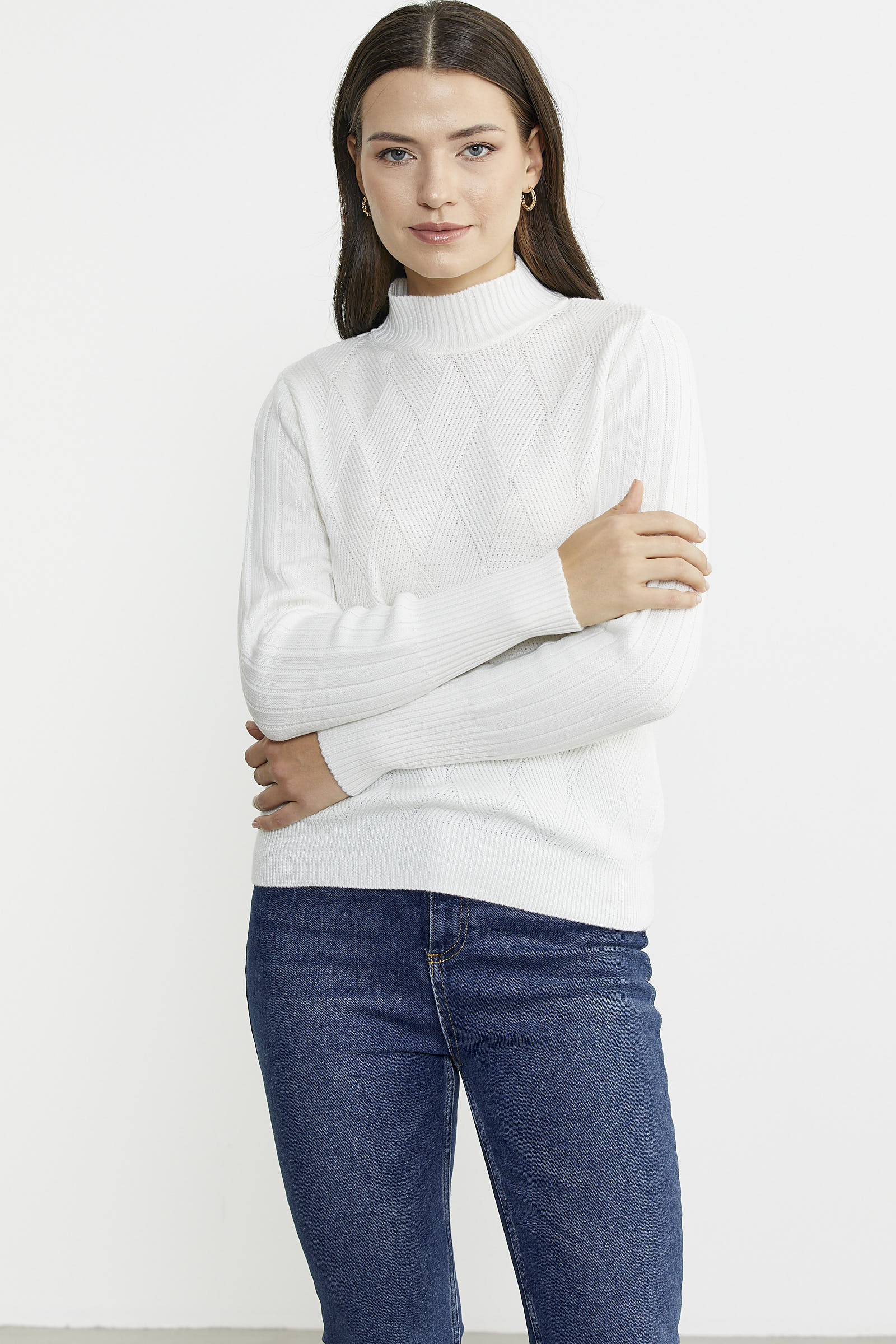 Yarım Balıkçı Motifli Triko Kazak - Kemik - Sementa