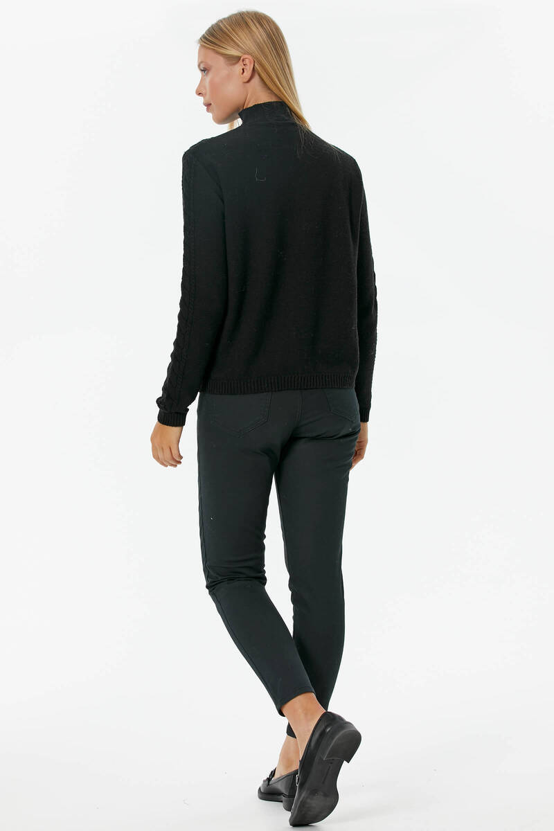 Yarım Balıkçı Saç Örgülü Triko Kazak - Siyah (5) Sementa