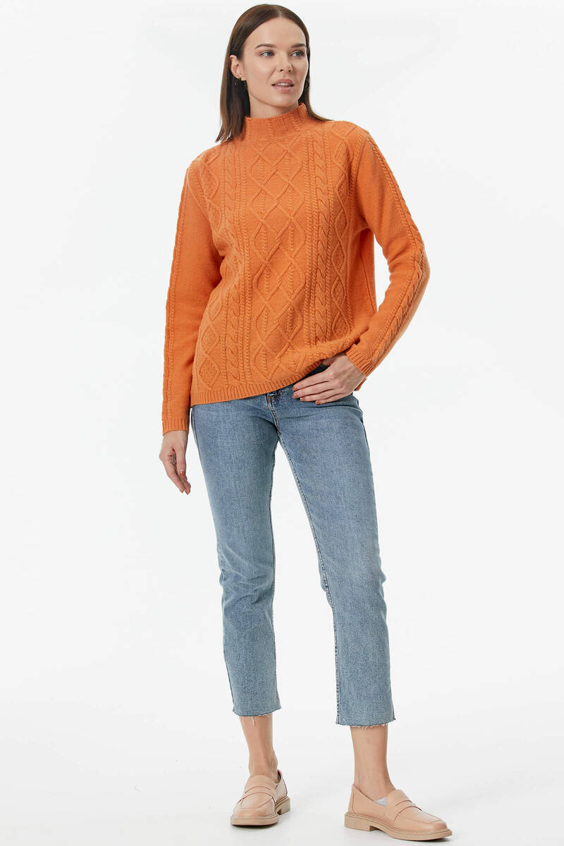 Yarım Balıkçı Saç Örgülü Triko Kazak - Taba (3) Sementa